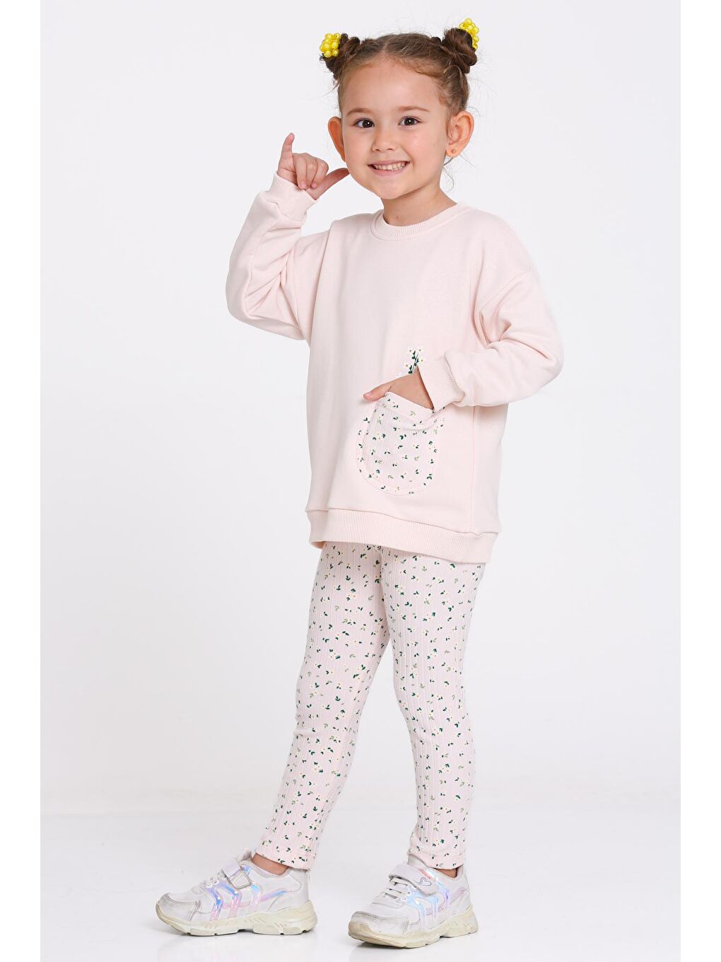 Pembe Kız Çocuk Pudra Çiçek Desenli 1-5 Yaş Takım - 23276-3-2