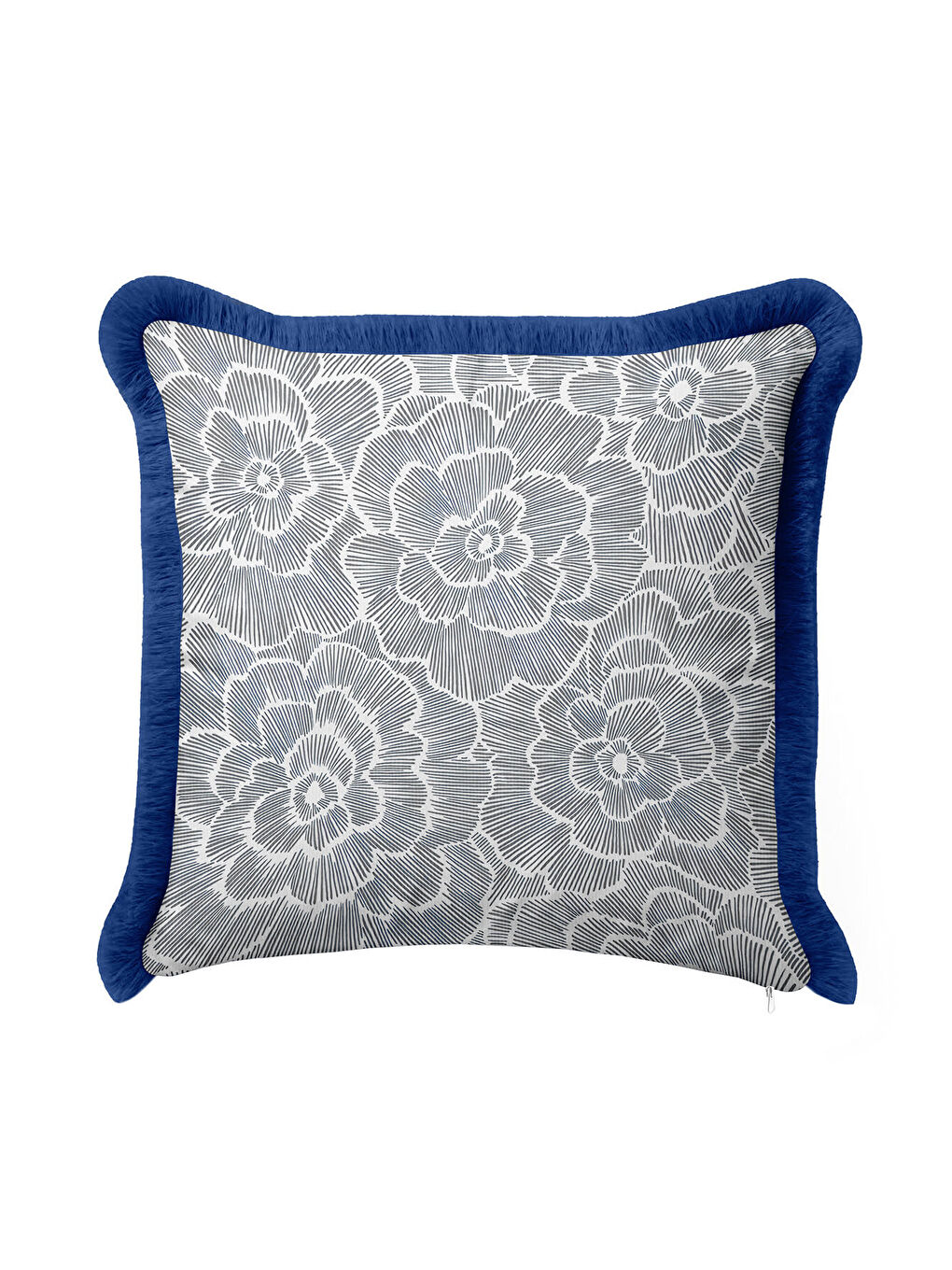 Karışık Zarif Çiçek Motifli Saçaklı Yastık Kılıfı - Modern Mavi Gri Lüks Püsküllü Kırlent Kılıfı-3