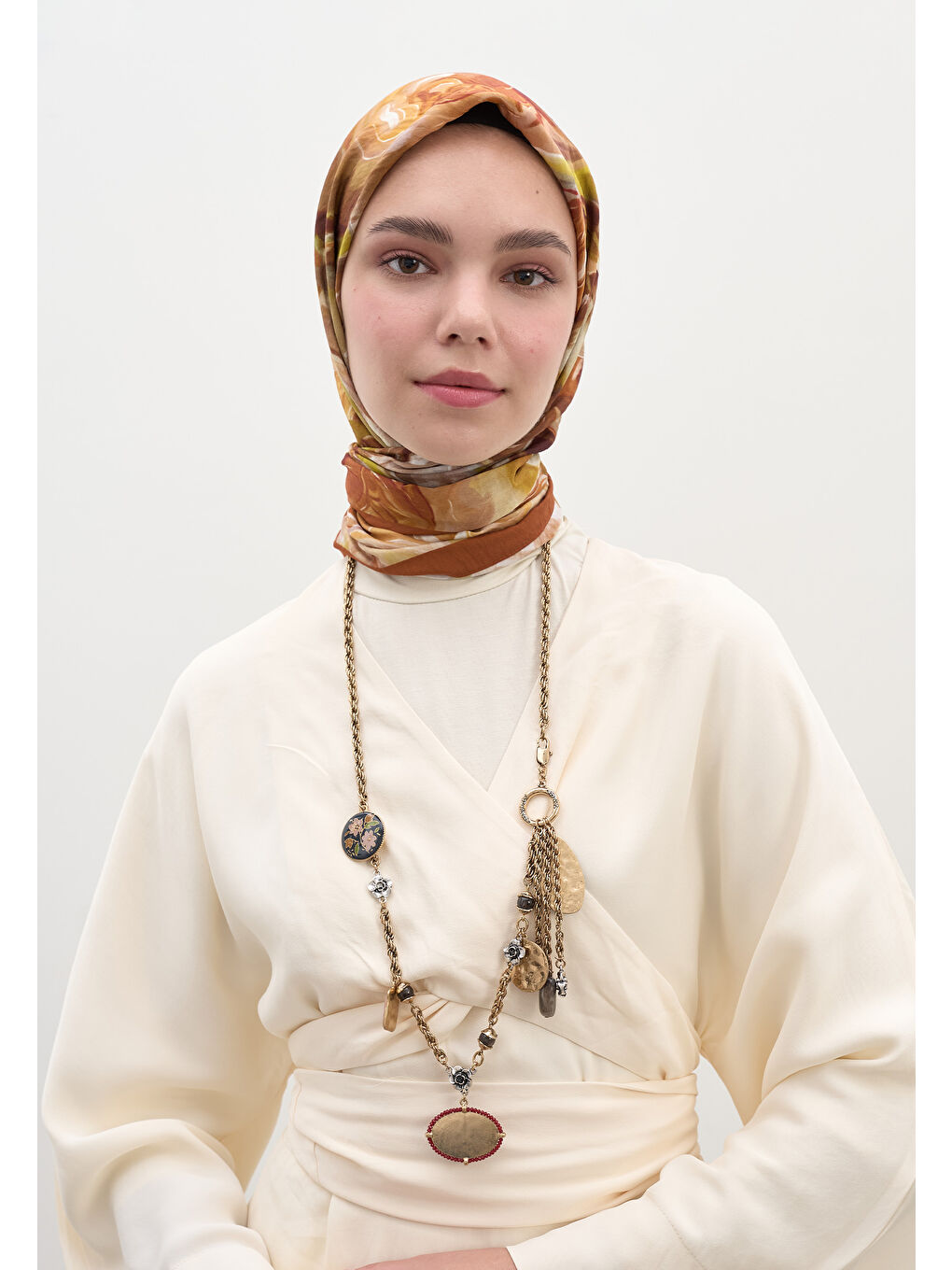 Kahverengi Nerıssa Desen Pamuklu Viskon Eşarp Kiremit-1