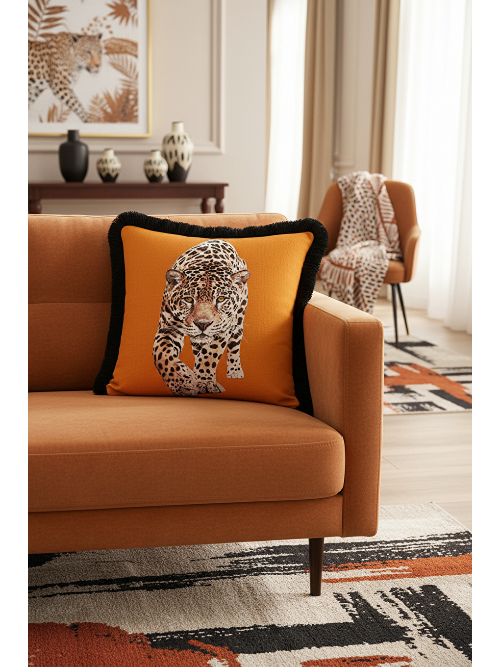 Karışık Lüks Jaguar Temalı Saçaklı Yastık Kılıfı - Safari Bohem Turuncu Siyah Püsküllü Kırlent Kılıfı-3