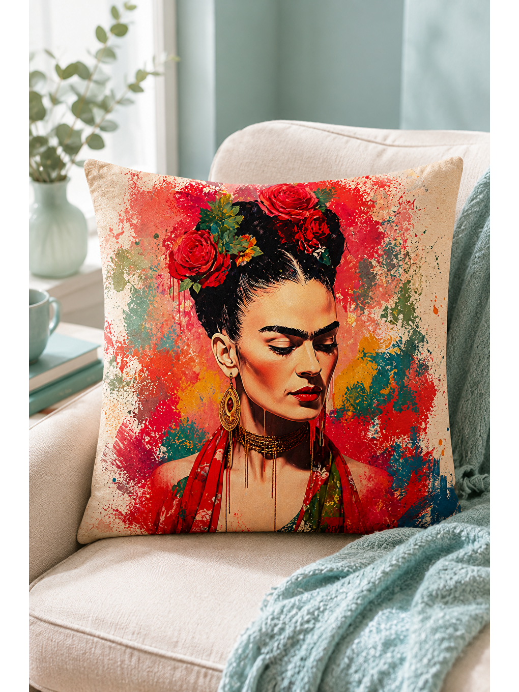 Karışık Renkli Kadın Portre Çiçekli Dekoratif Kırlent Kılıfı Bohem Sanatsal Dekor 43x43 Cm-5