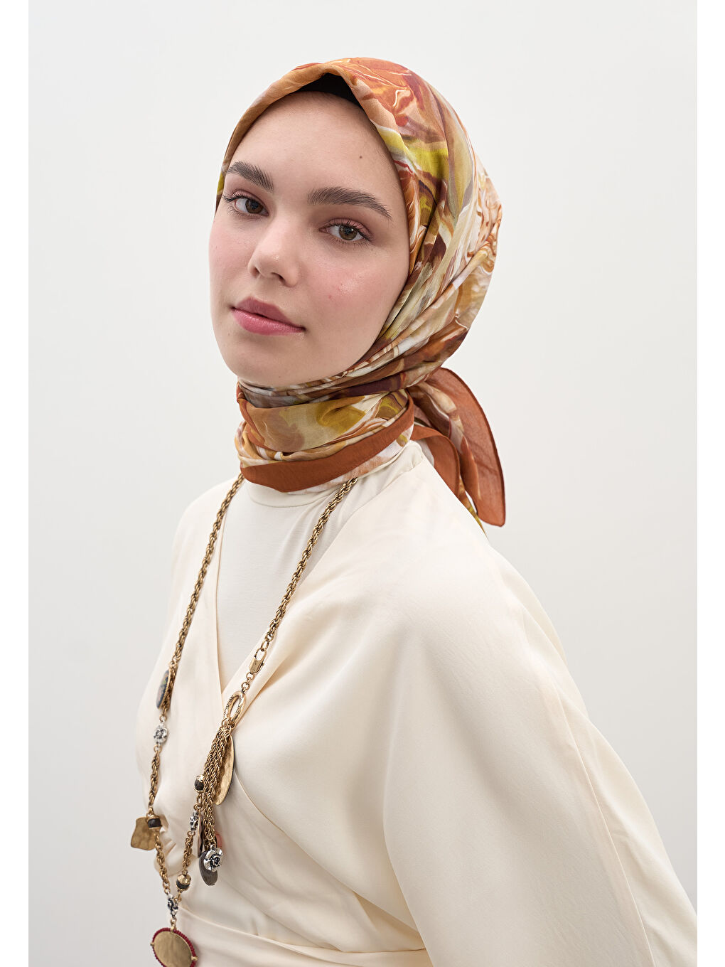 Kahverengi Nerıssa Desen Pamuklu Viskon Eşarp Kiremit-2