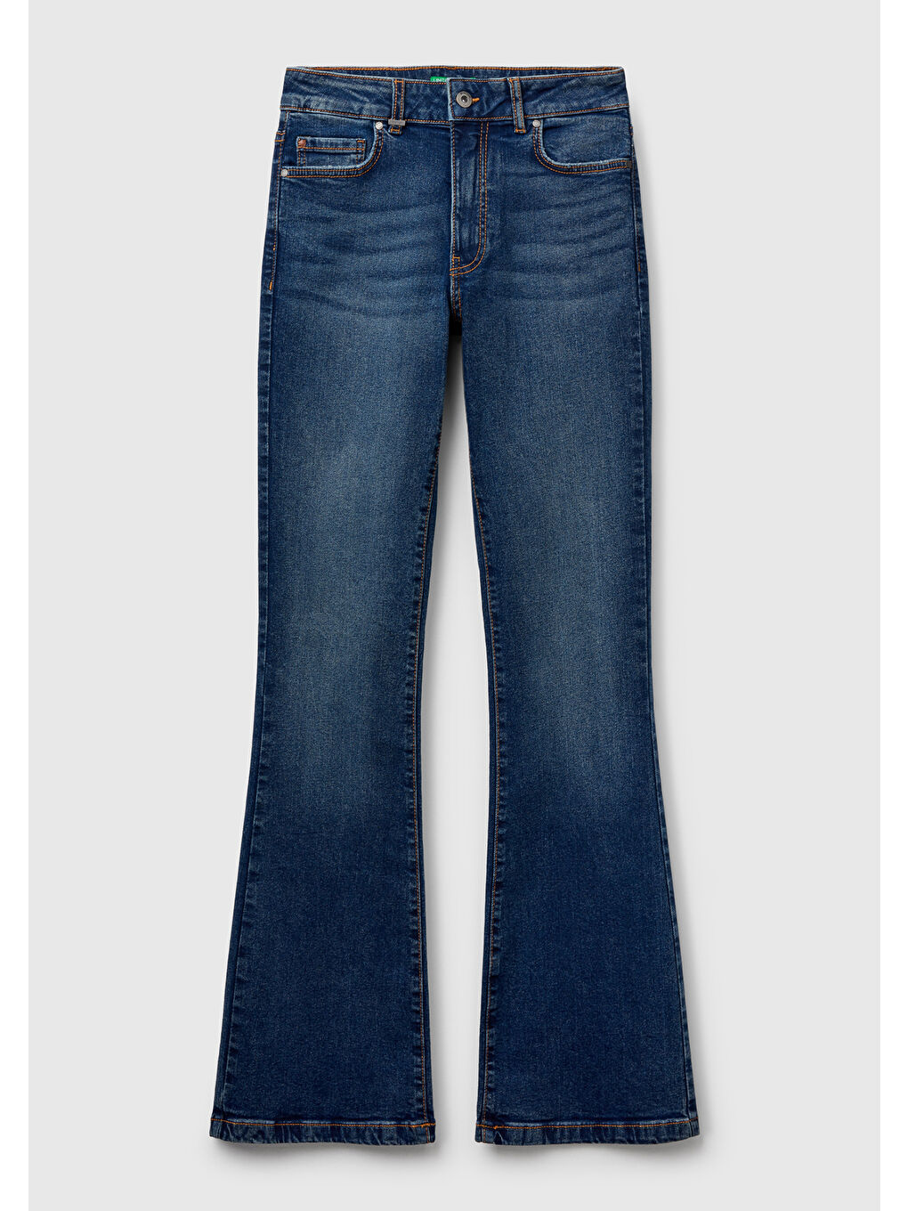 Kadın Koyu Mavi Streç Pamuklu Cepli Normal Bel İspanyol Paça Denim Pantolon-1