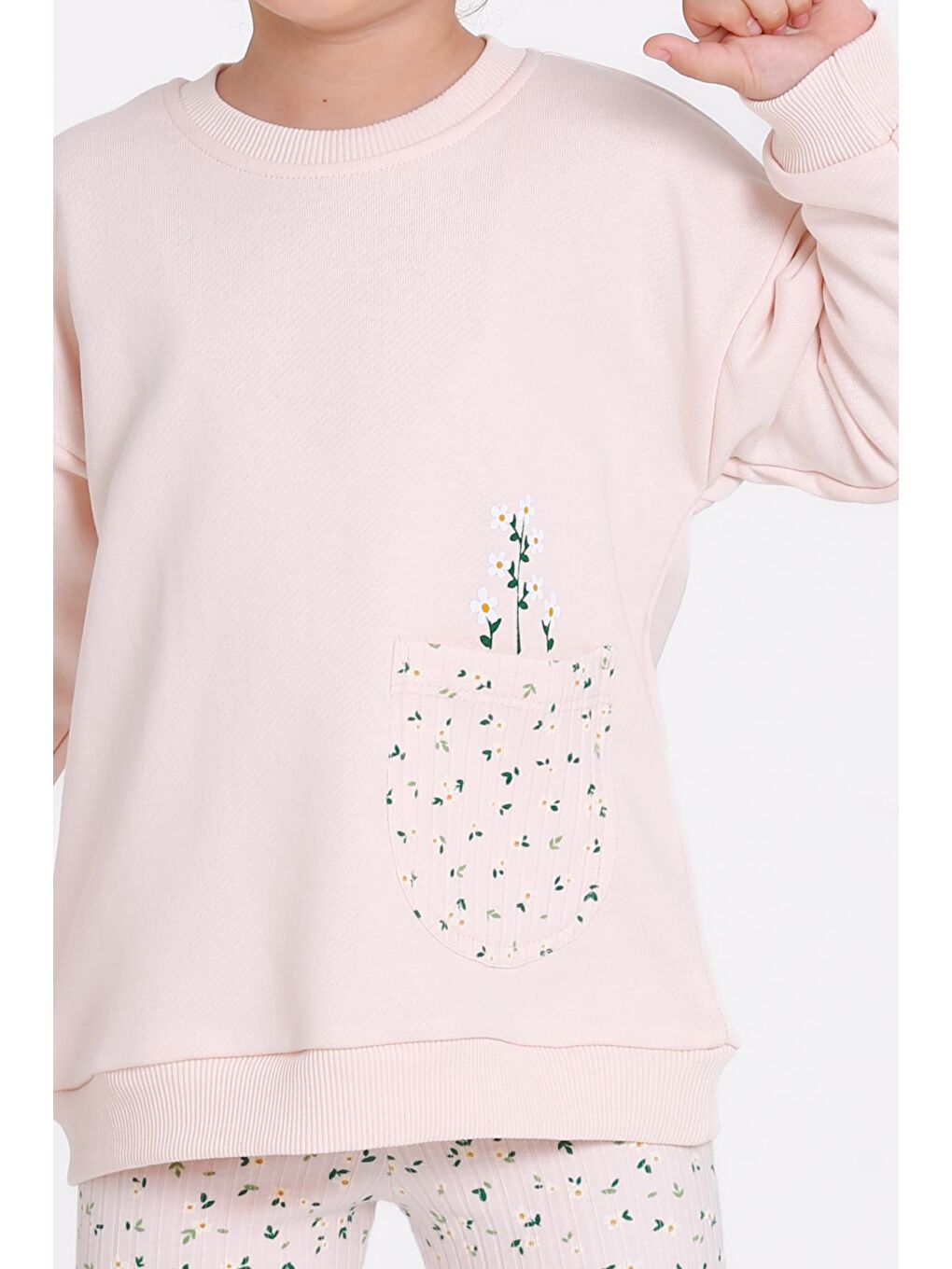 Pembe Kız Çocuk Pudra Çiçek Desenli 1-5 Yaş Takım - 23276-3-3