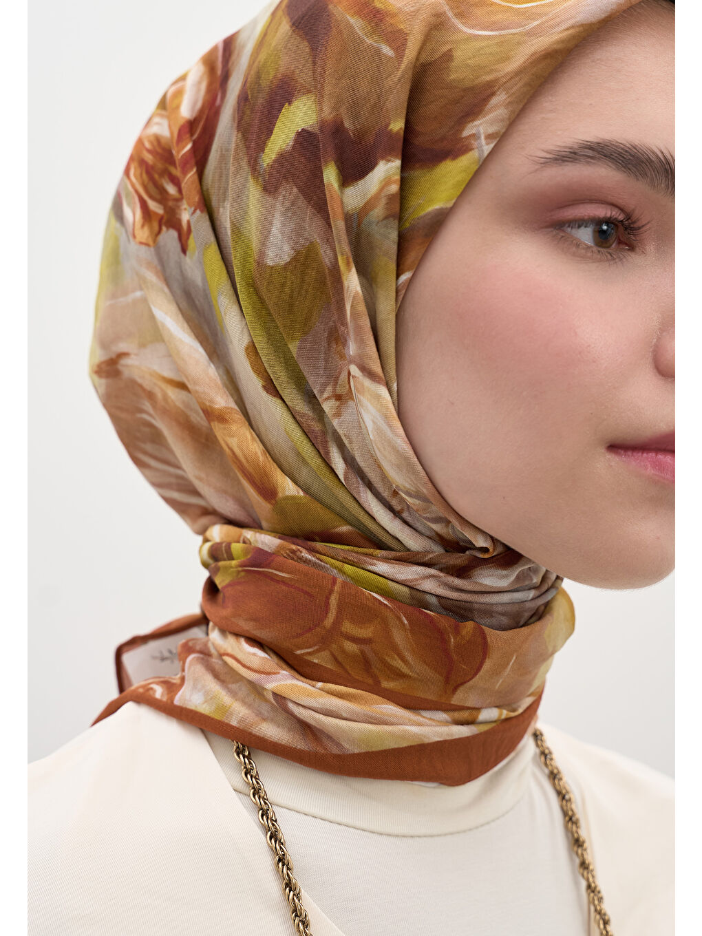 Kahverengi Nerıssa Desen Pamuklu Viskon Eşarp Kiremit-3