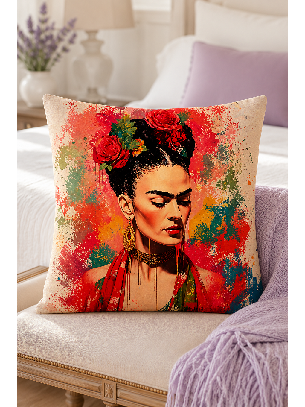 Karışık Renkli Kadın Portre Çiçekli Dekoratif Kırlent Kılıfı Bohem Sanatsal Dekor 43x43 Cm-6