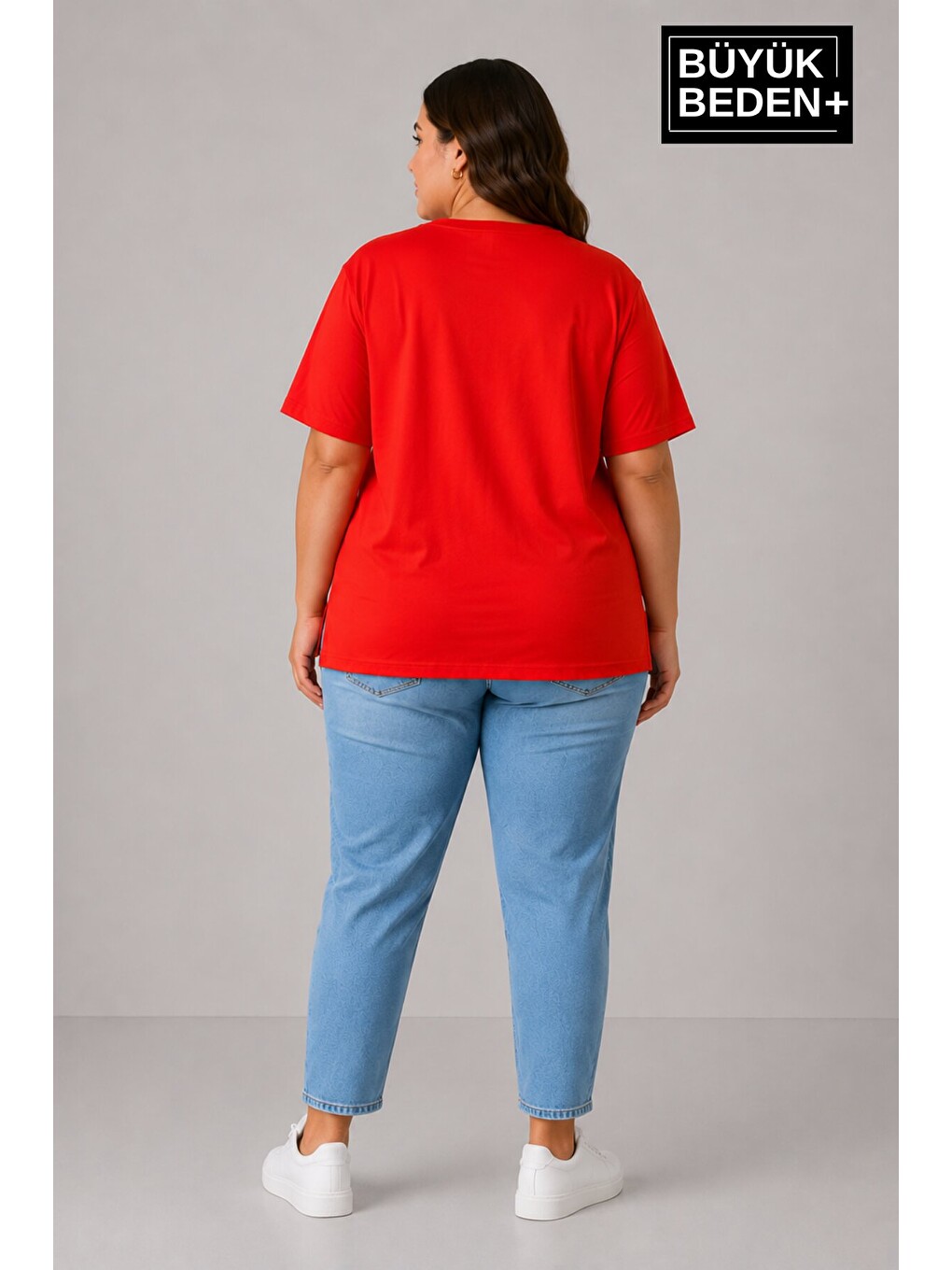 Kırmızı Büyük Beden Kadın Bisiklet Yaka Yırtmaç Detaylı 3XL-6XL Tunik Tişört SPR26BTSK501-2