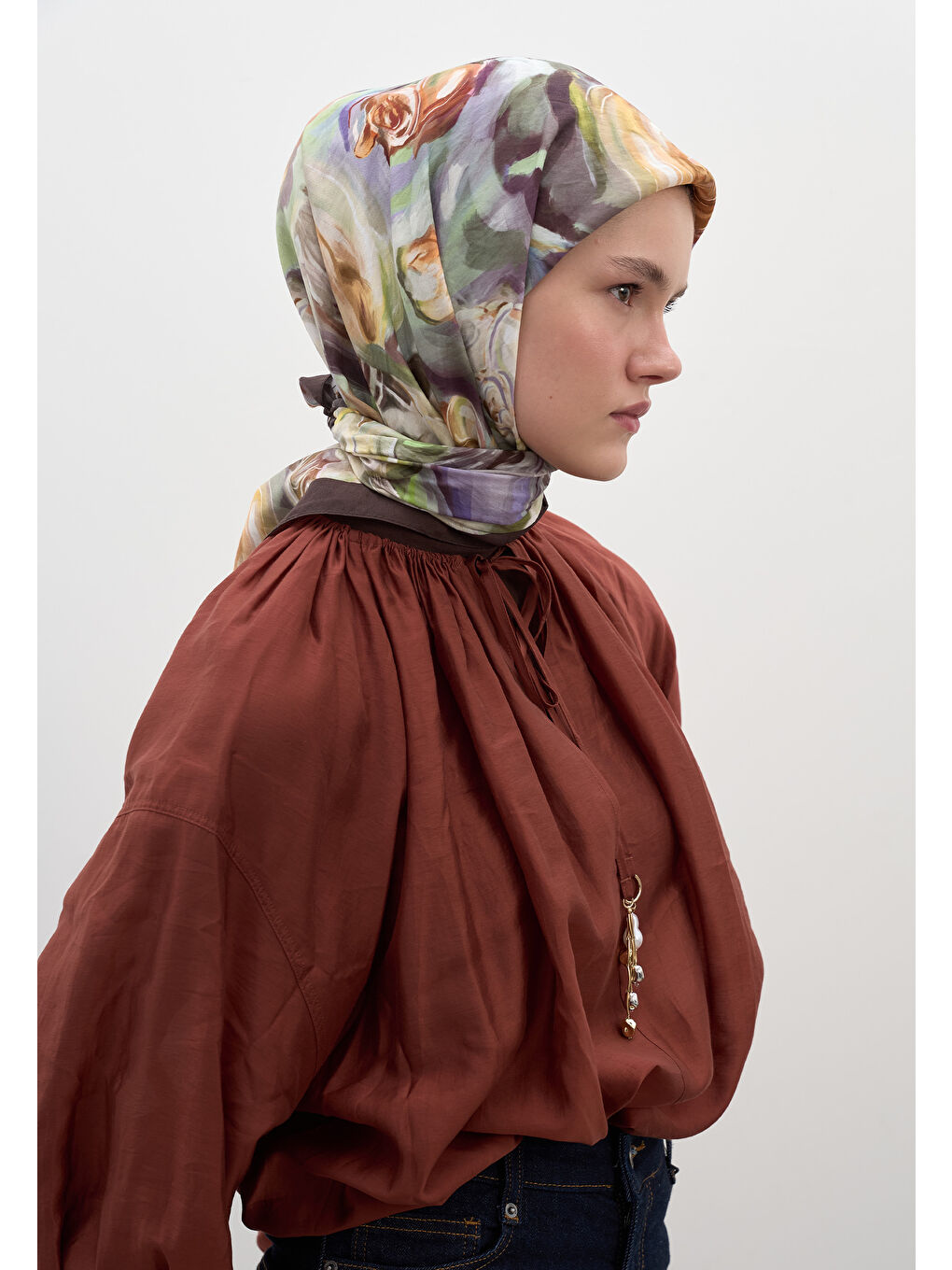 Gri Nerıssa Desen Pamuklu Viskon Eşarp Füme-1