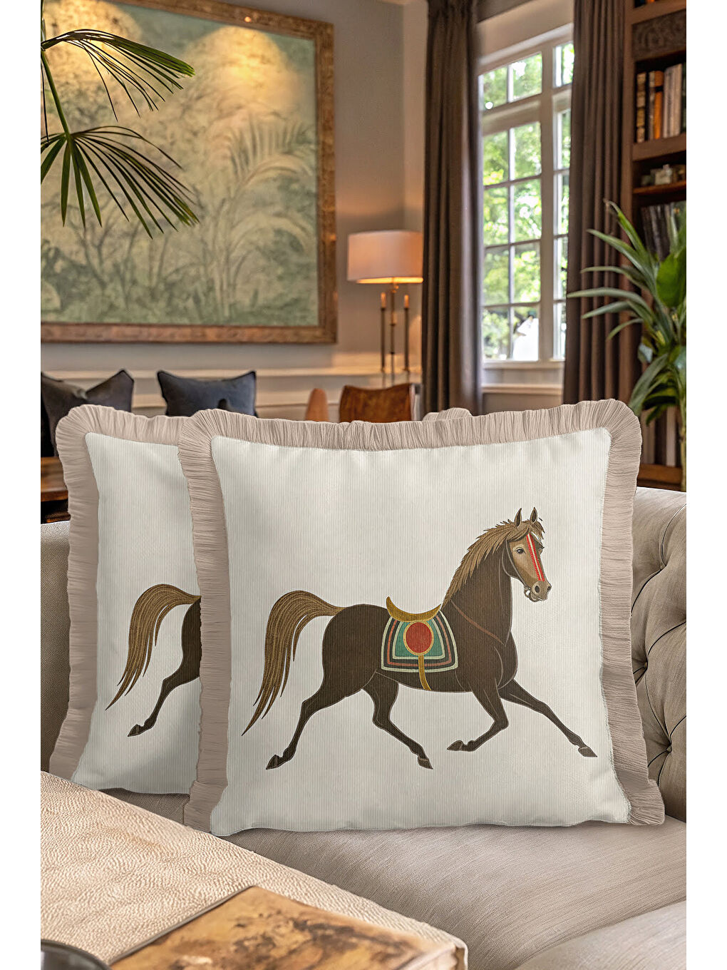 Karışık Saray Esintili At Figürlü Saçaklı Yastık Kılıfı - Bohem Kahverengi Bej Püsküllü Kırlent Kılıfı-7