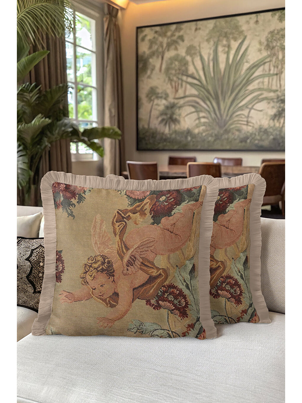 Karışık Barok Melek Figürlü Saçaklı Yastık Kılıfı - Klasik Vintage Retro Bej Gold Püsküllü Kırlent Kılıfı-5