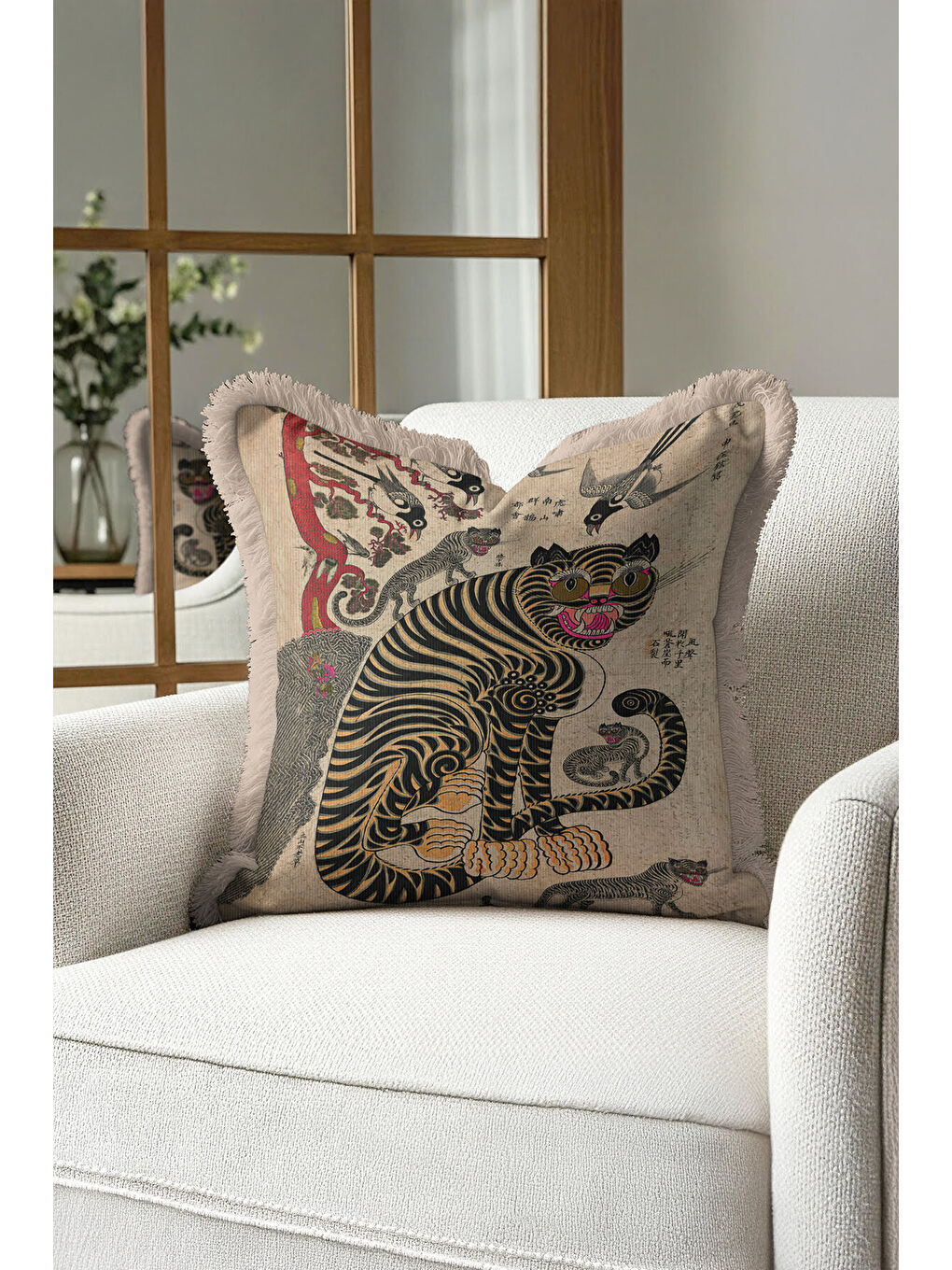 Karışık Asya Motifli Saçaklı Yastık Kılıfı - Etnik Sanat Temalı Vintage Bej Gold Püsküllü Kırlent Kılıfı-3