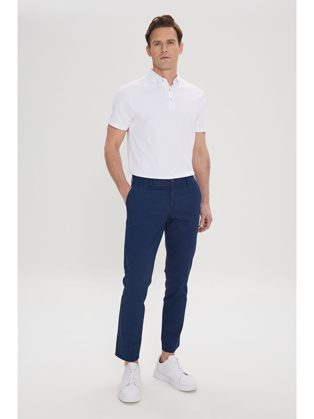 Erkek Lacivert Pamuklu Slim Fit Dar Kesim Yan Cep Armürlü Esnek Pantolon-4
