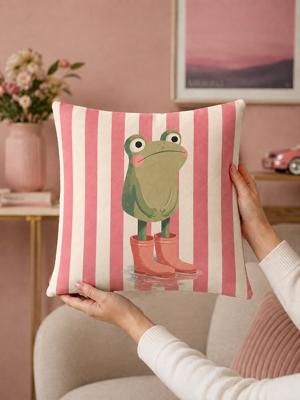 Bej Kurbağa Figürlü Pembe Çizgili Dekoratif Kırlent Kılıfı 43x43 Cm Yazlık Ev Dekoru-5