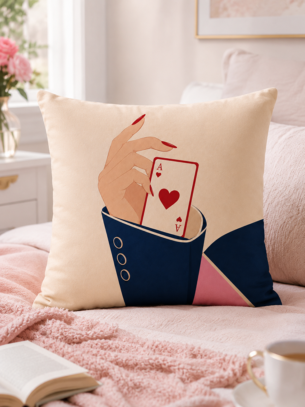 Karışık Taçlı Harf Ve Pembe Otomobil Desenli Dekoratif Kırlent Kılıfı 43x43 Cm Dekor-5