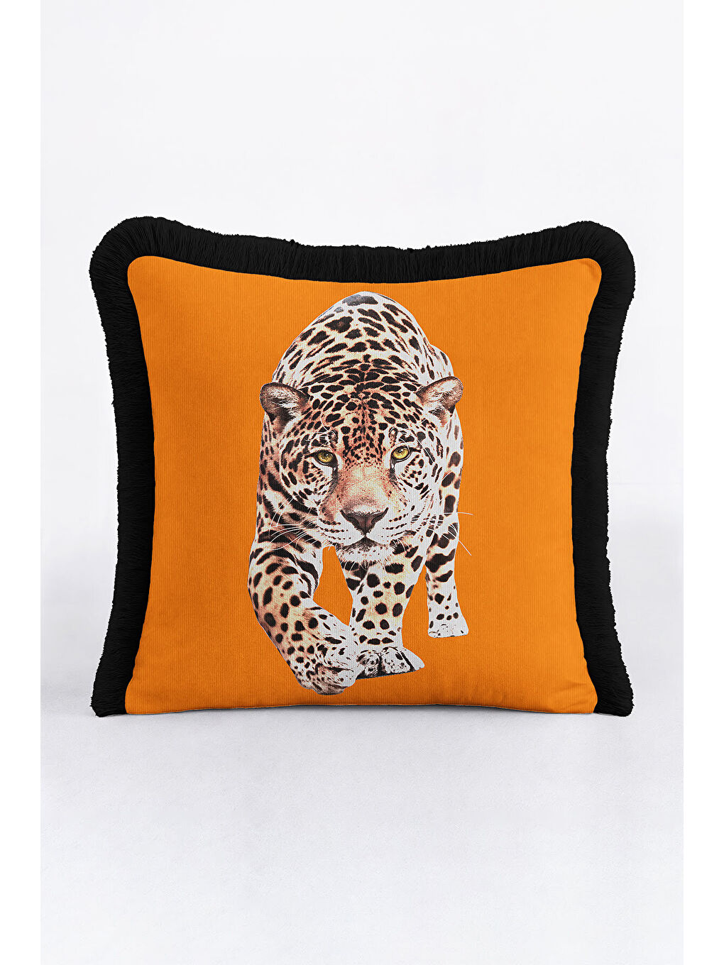 Karışık Lüks Jaguar Temalı Saçaklı Yastık Kılıfı - Safari Bohem Turuncu Siyah Püsküllü Kırlent Kılıfı-4
