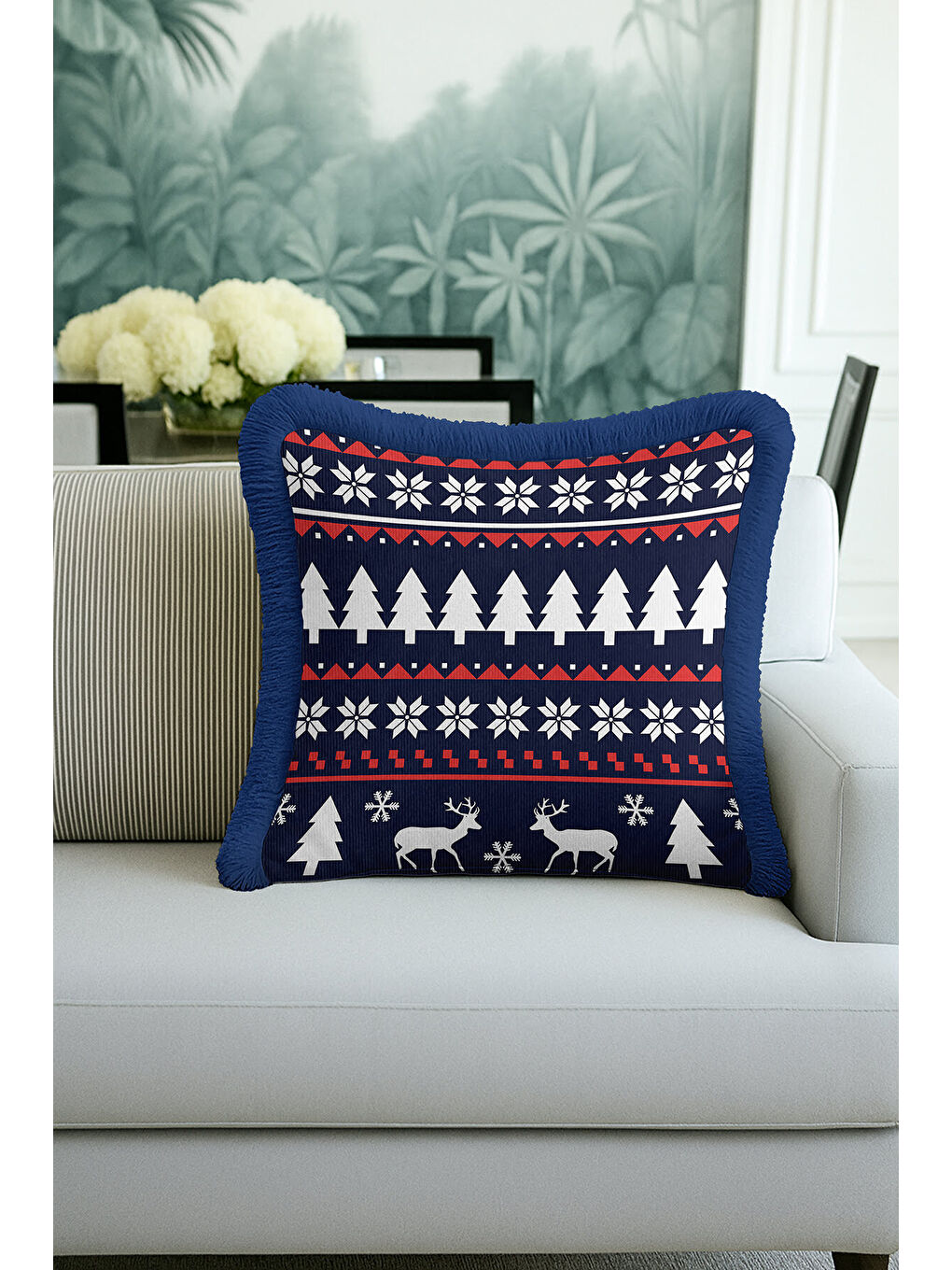 Karışık Nordik Kar Kristal Saçaklı Yastık Kılıfı - Kış Atmosferi İskandinav Lacivert Püsküllü Kırlent Kılıfı-1