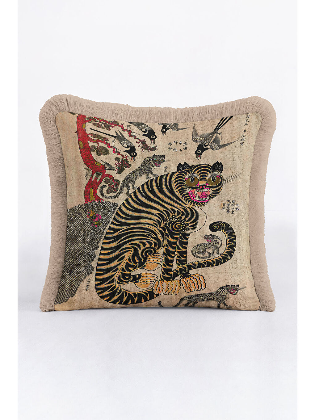 Karışık Asya Motifli Saçaklı Yastık Kılıfı - Etnik Sanat Temalı Vintage Bej Gold Püsküllü Kırlent Kılıfı-4