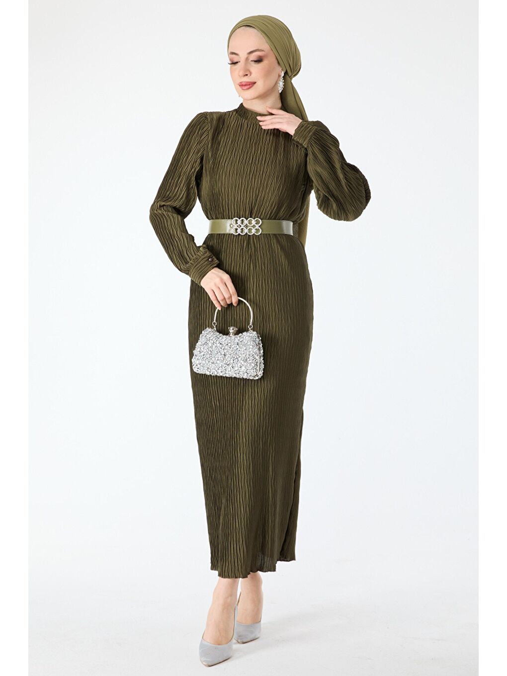 Hakim Yaka Kadın Haki Abiye Elbise - 24398-2