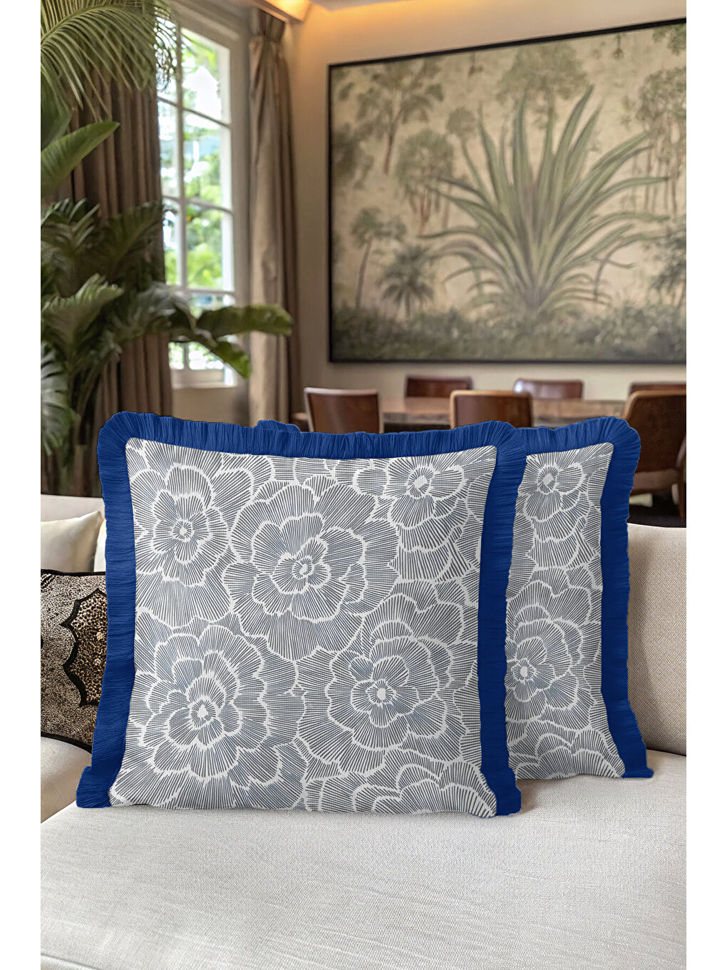 Karışık Zarif Çiçek Motifli Saçaklı Yastık Kılıfı - Modern Mavi Gri Lüks Püsküllü Kırlent Kılıfı-5