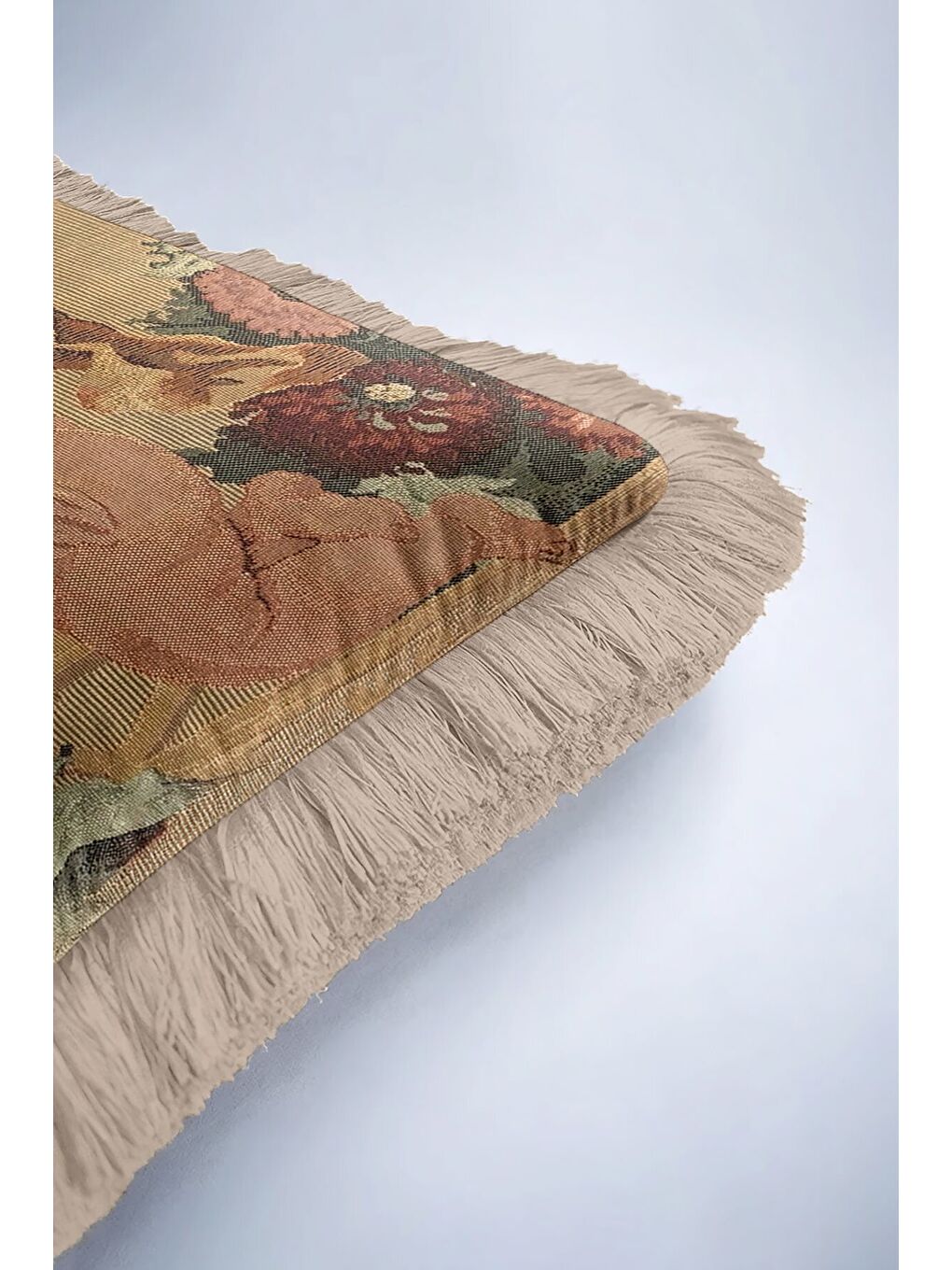 Karışık Barok Melek Figürlü Saçaklı Yastık Kılıfı - Klasik Vintage Retro Bej Gold Püsküllü Kırlent Kılıfı-6