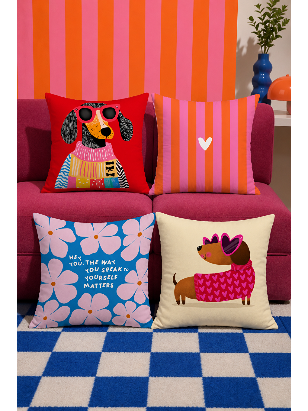 Karışık Pop Art Köpek Ve Çiçek Yazılı Dekoratif Kırlent Kılıfı 43x43 Cm Canlı Renkli Dekor-6