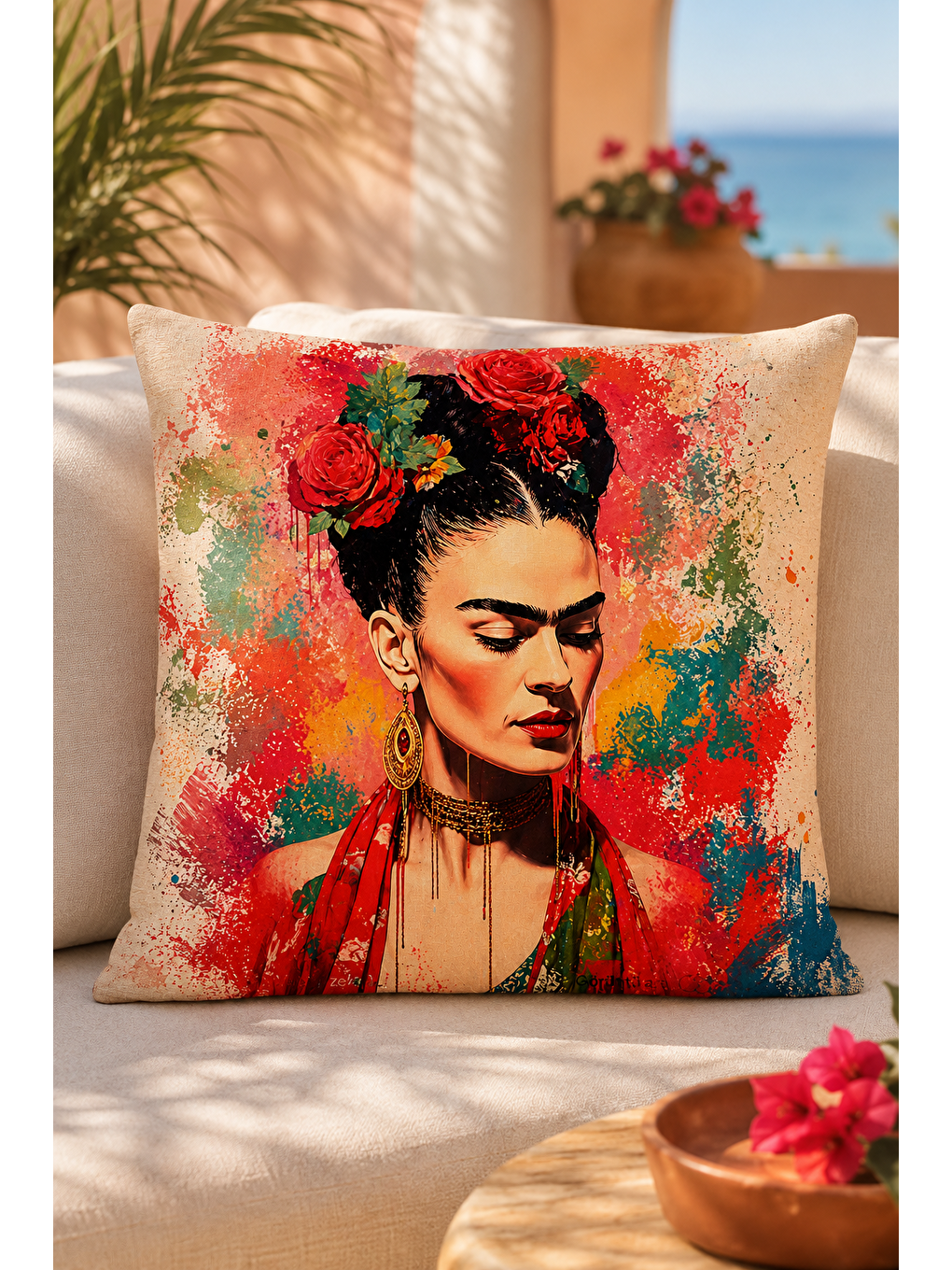 Karışık Renkli Kadın Portre Çiçekli Dekoratif Kırlent Kılıfı Bohem Sanatsal Dekor 43x43 Cm-7