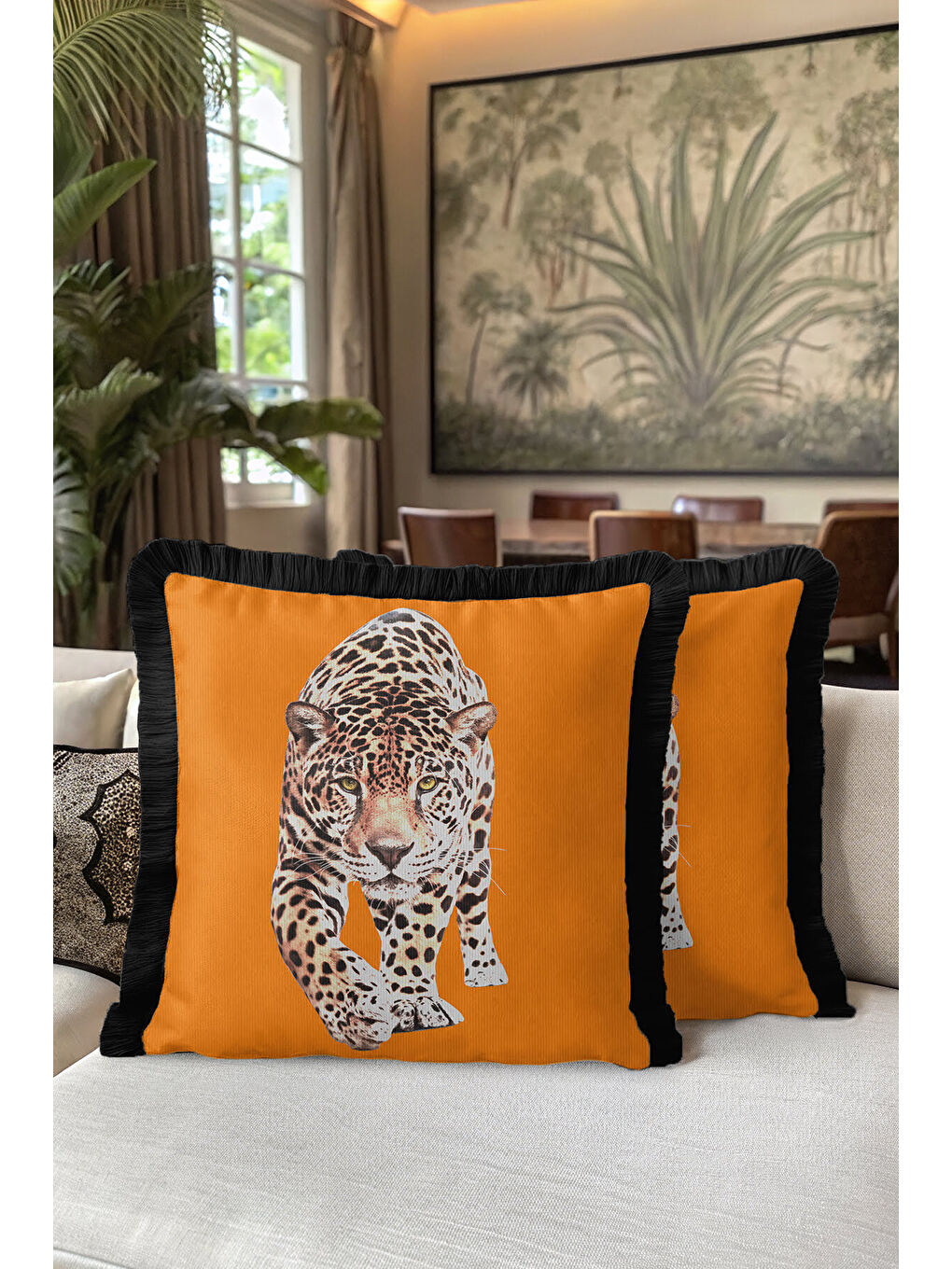 Karışık Lüks Jaguar Temalı Saçaklı Yastık Kılıfı - Safari Bohem Turuncu Siyah Püsküllü Kırlent Kılıfı-5
