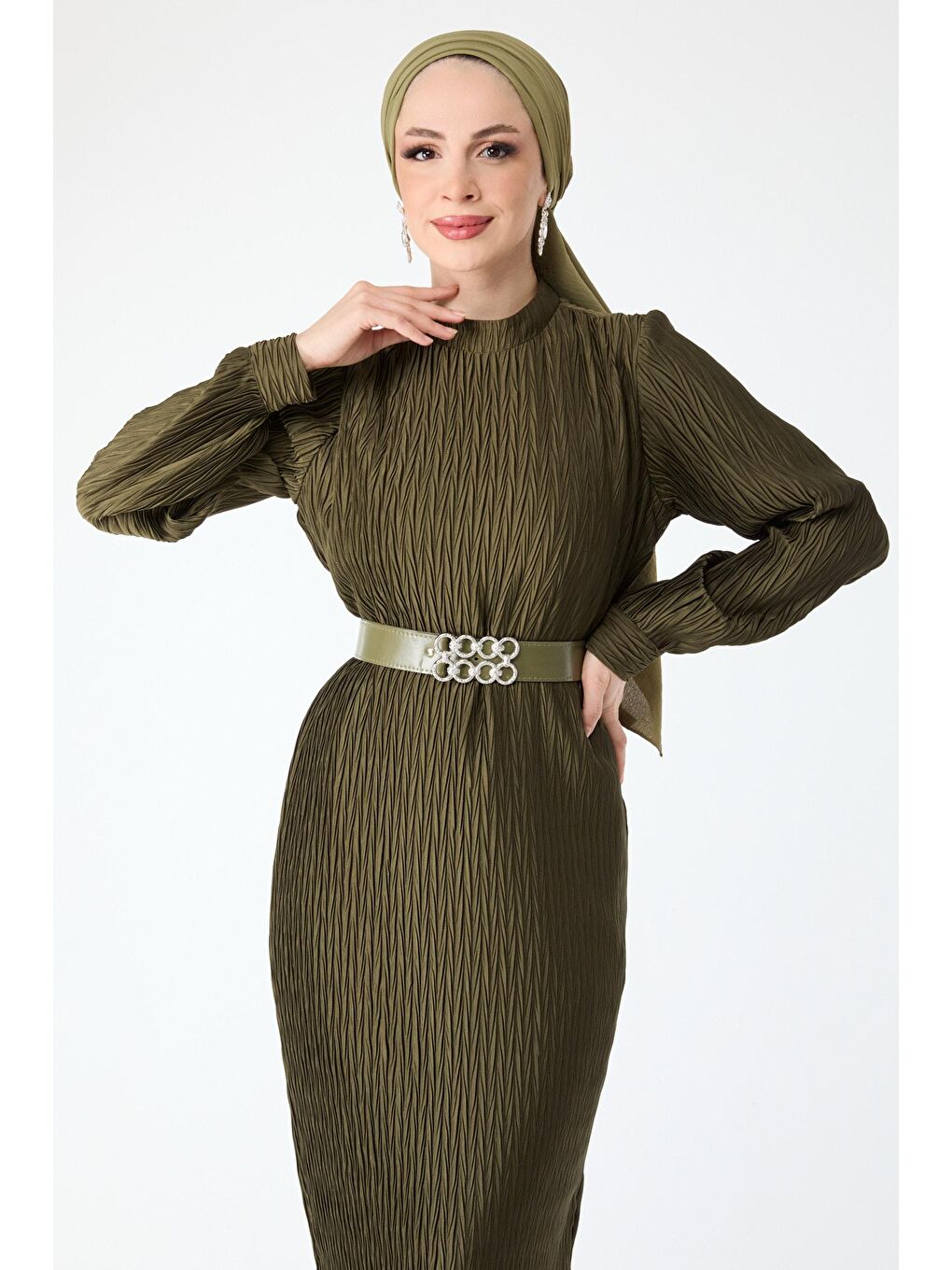 Hakim Yaka Kadın Haki Abiye Elbise - 24398-3