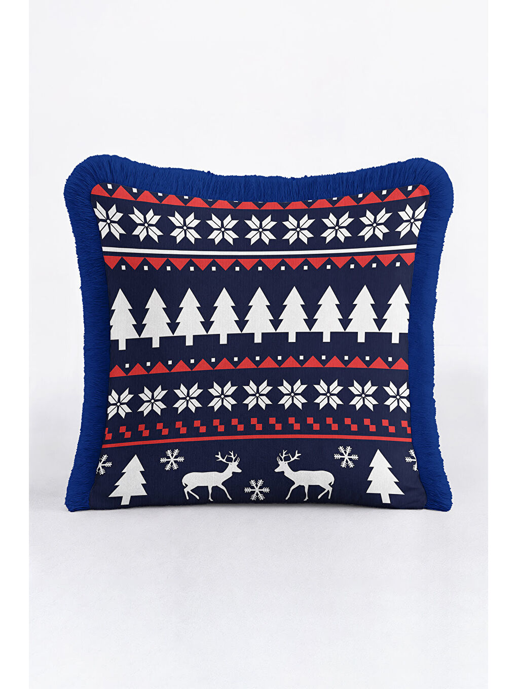 Karışık Nordik Kar Kristal Saçaklı Yastık Kılıfı - Kış Atmosferi İskandinav Lacivert Püsküllü Kırlent Kılıfı-2