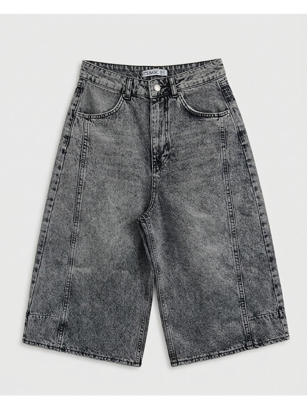 Kadın Gri Renk 4s6-13 Mega Baggy Fit Paça ve Cep Detaylı Özel Tasarım Denim Şort