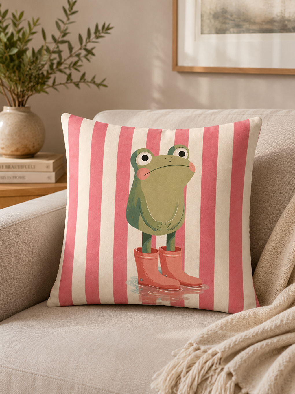 Bej Kurbağa Figürlü Pembe Çizgili Dekoratif Kırlent Kılıfı 43x43 Cm Yazlık Ev Dekoru-6