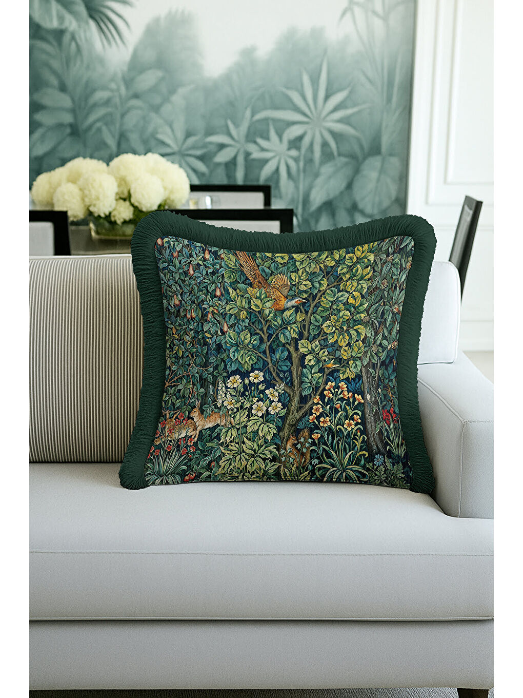 Karışık Lüks Doğal Bahçe Saçaklı Yastık Kılıfı - Vintage Orman Bohem Yeşil Püsküllü Kırlent Kılıfı-2