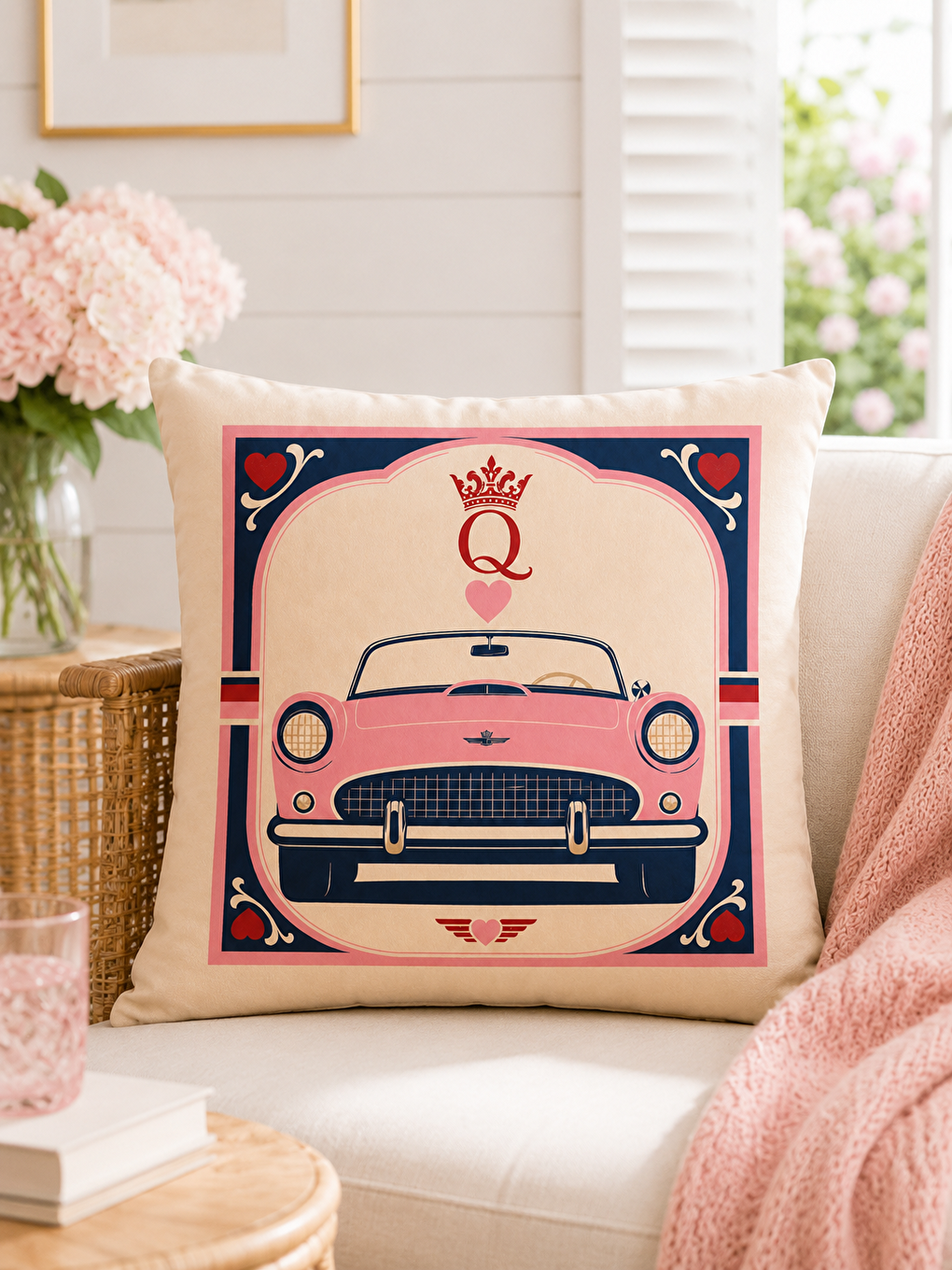 Karışık Taçlı Harf Ve Pembe Otomobil Desenli Dekoratif Kırlent Kılıfı 43x43 Cm Dekor-6