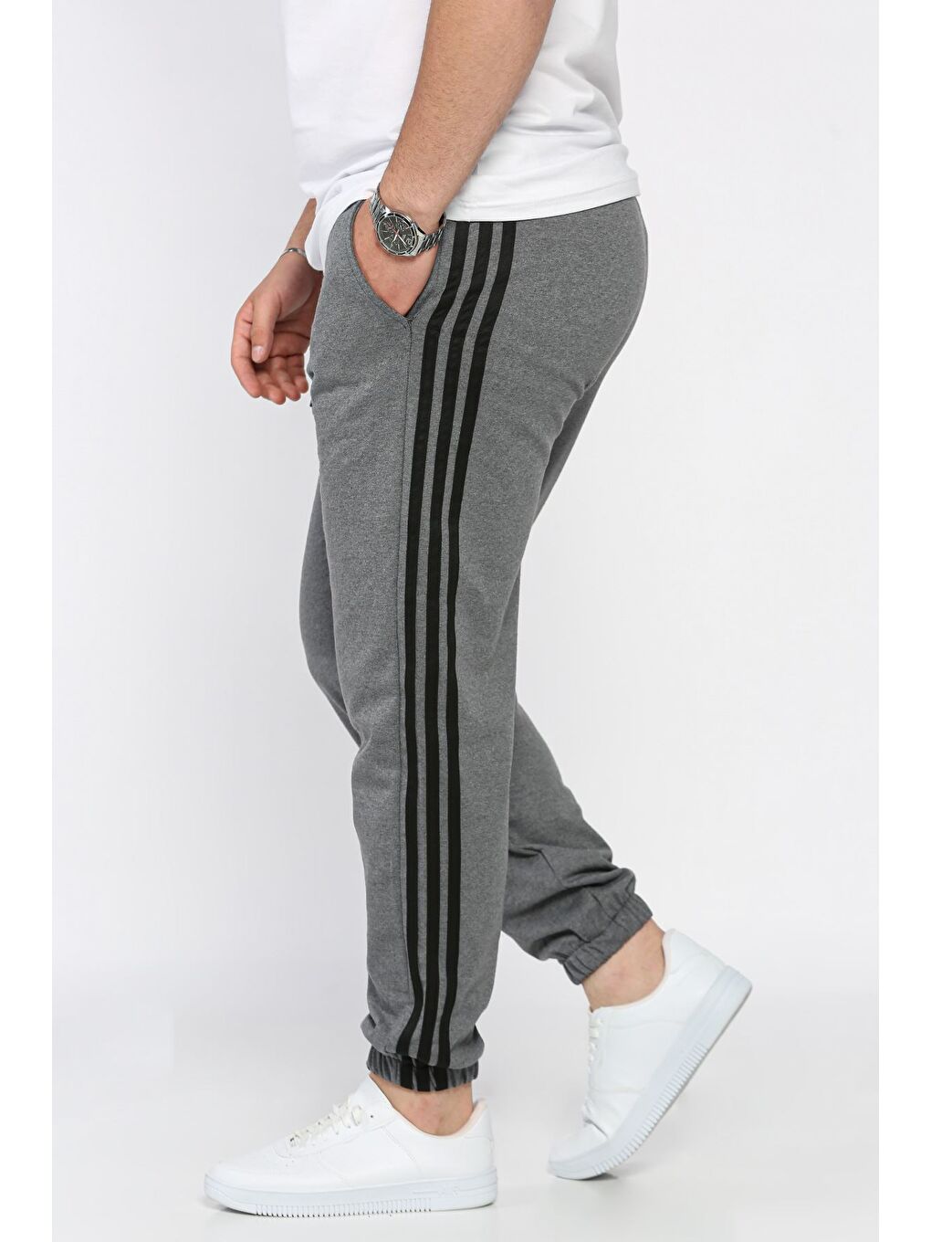 Gri Erkek Bel Ve Paça Lastikli Yan Şerit Detaylı Eşofman Altı-1