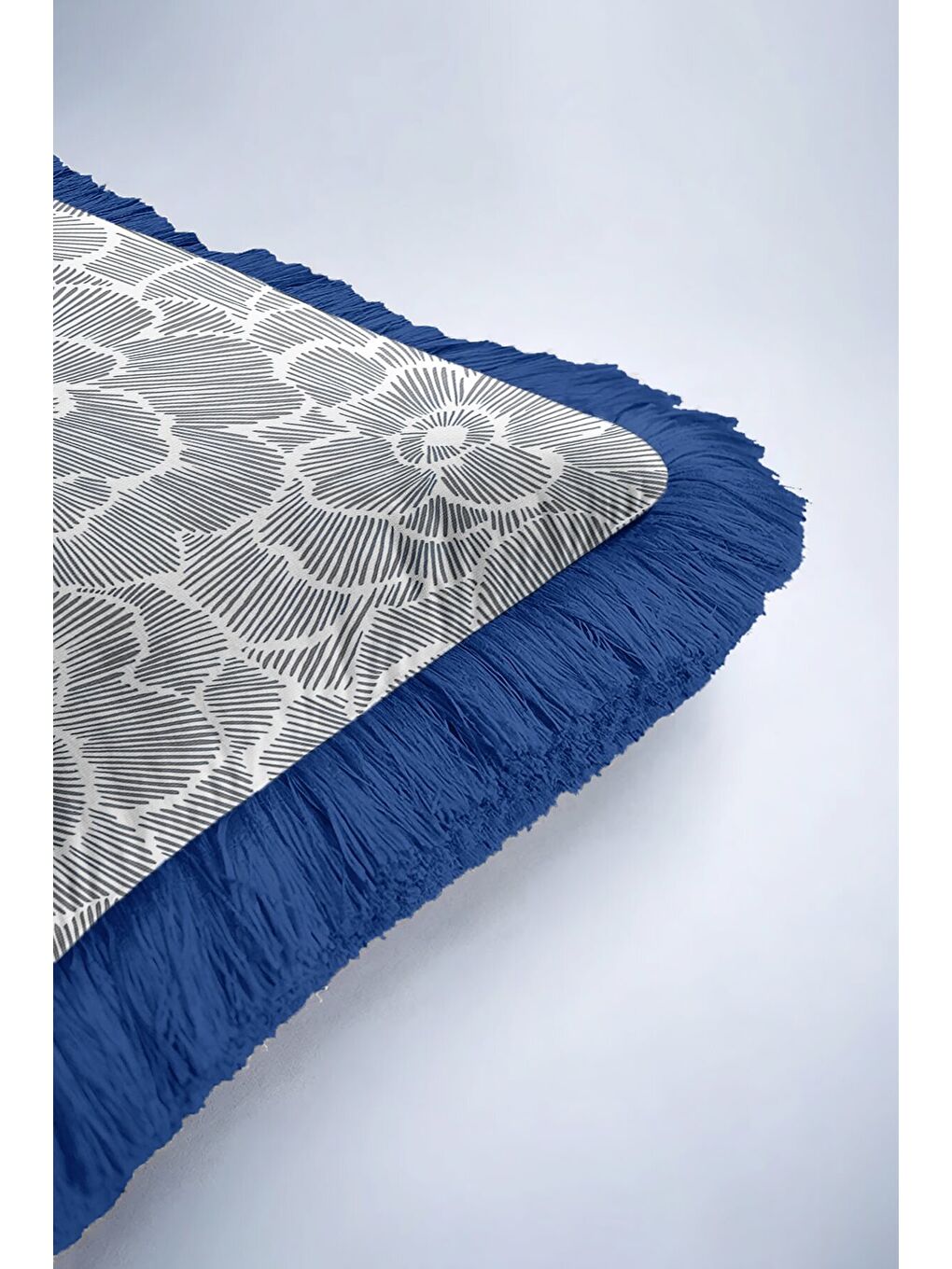 Karışık Zarif Çiçek Motifli Saçaklı Yastık Kılıfı - Modern Mavi Gri Lüks Püsküllü Kırlent Kılıfı-6