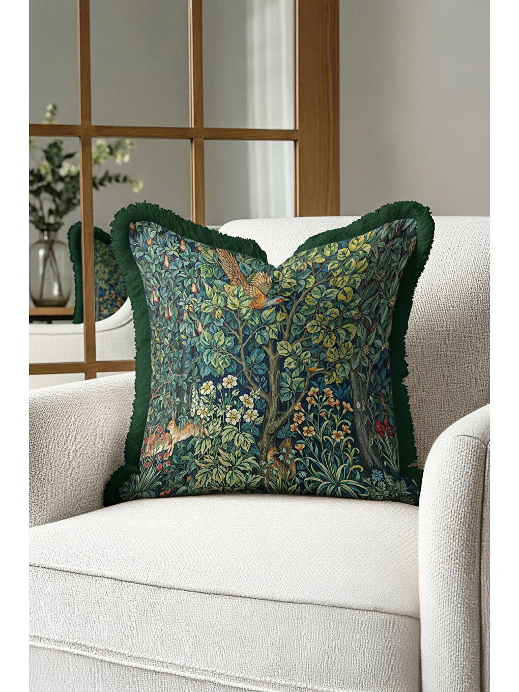 Karışık Lüks Doğal Bahçe Saçaklı Yastık Kılıfı - Vintage Orman Bohem Yeşil Püsküllü Kırlent Kılıfı-3