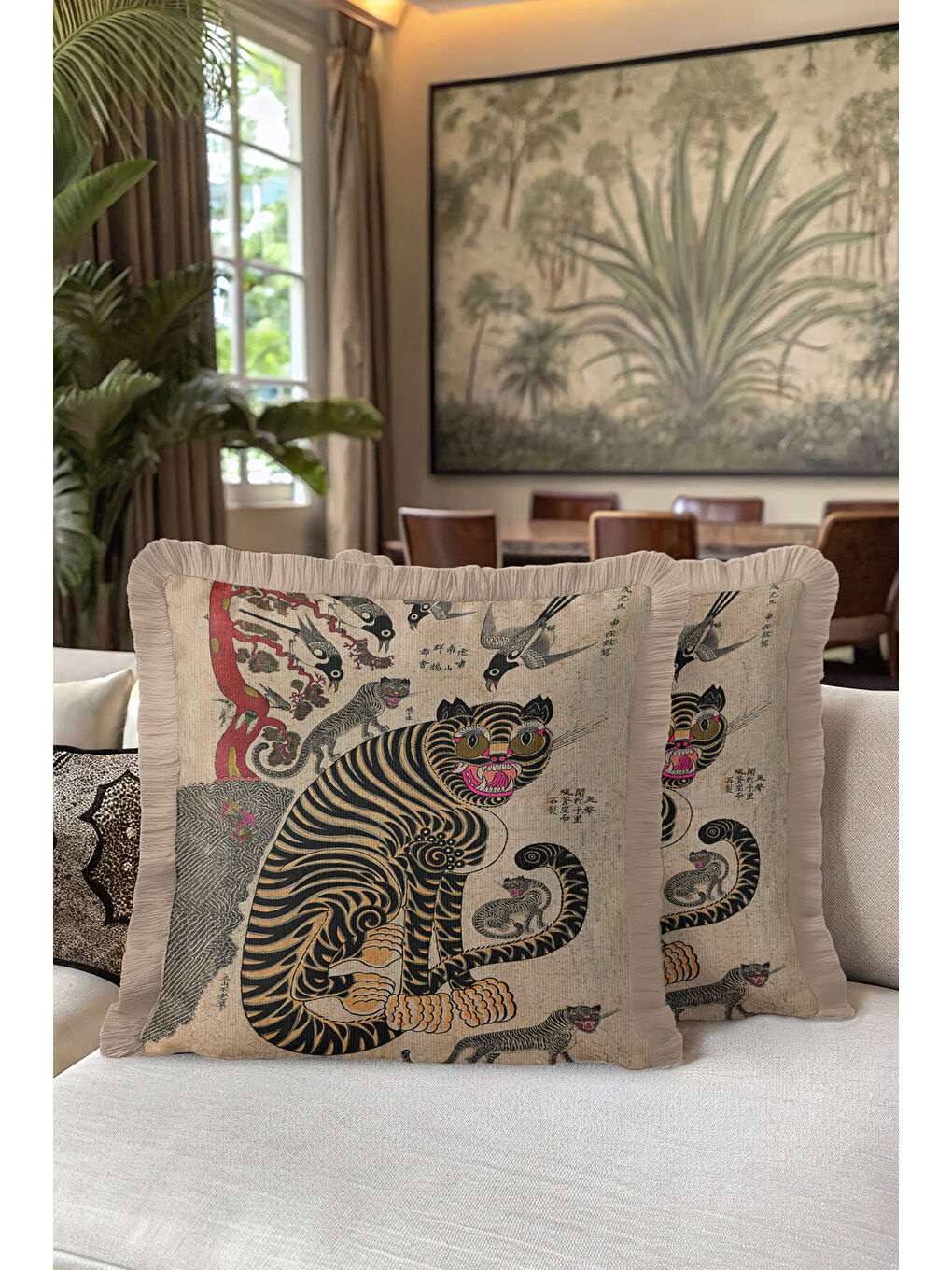 Karışık Asya Motifli Saçaklı Yastık Kılıfı - Etnik Sanat Temalı Vintage Bej Gold Püsküllü Kırlent Kılıfı-5