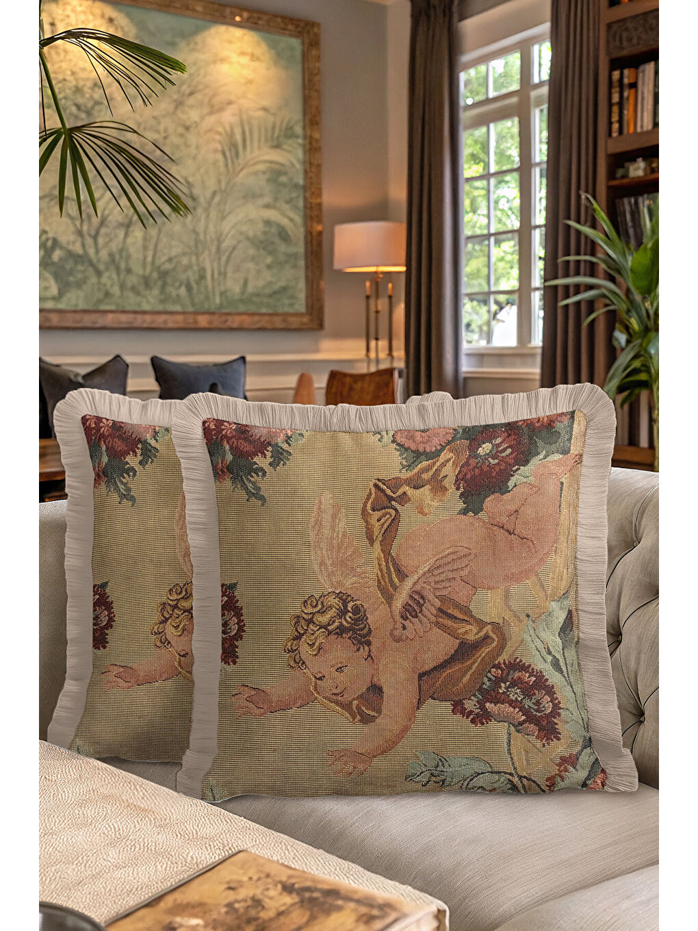 Karışık Barok Melek Figürlü Saçaklı Yastık Kılıfı - Klasik Vintage Retro Bej Gold Püsküllü Kırlent Kılıfı-7