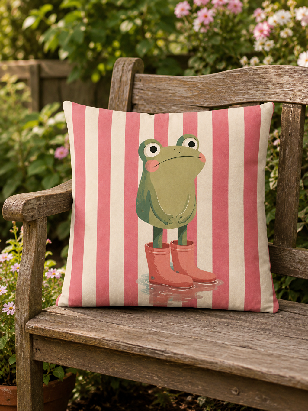 Bej Kurbağa Figürlü Pembe Çizgili Dekoratif Kırlent Kılıfı 43x43 Cm Yazlık Ev Dekoru-7