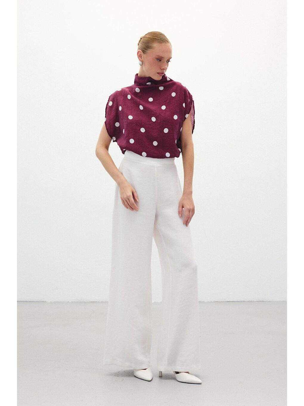 Puantiye Desenli Bluz - Bordo-1