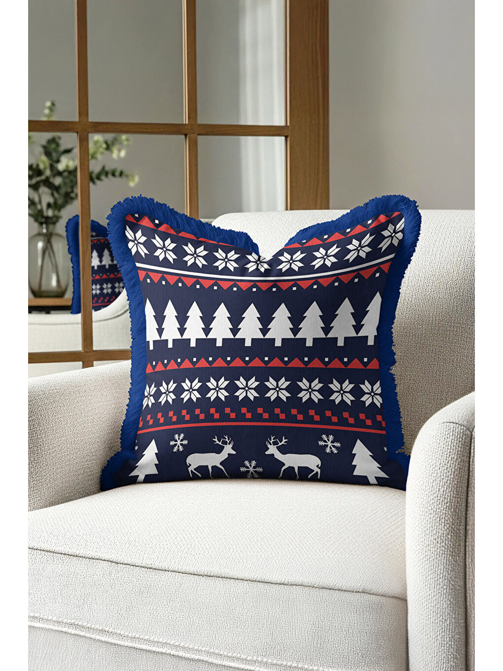 Karışık Nordik Kar Kristal Saçaklı Yastık Kılıfı - Kış Atmosferi İskandinav Lacivert Püsküllü Kırlent Kılıfı-3