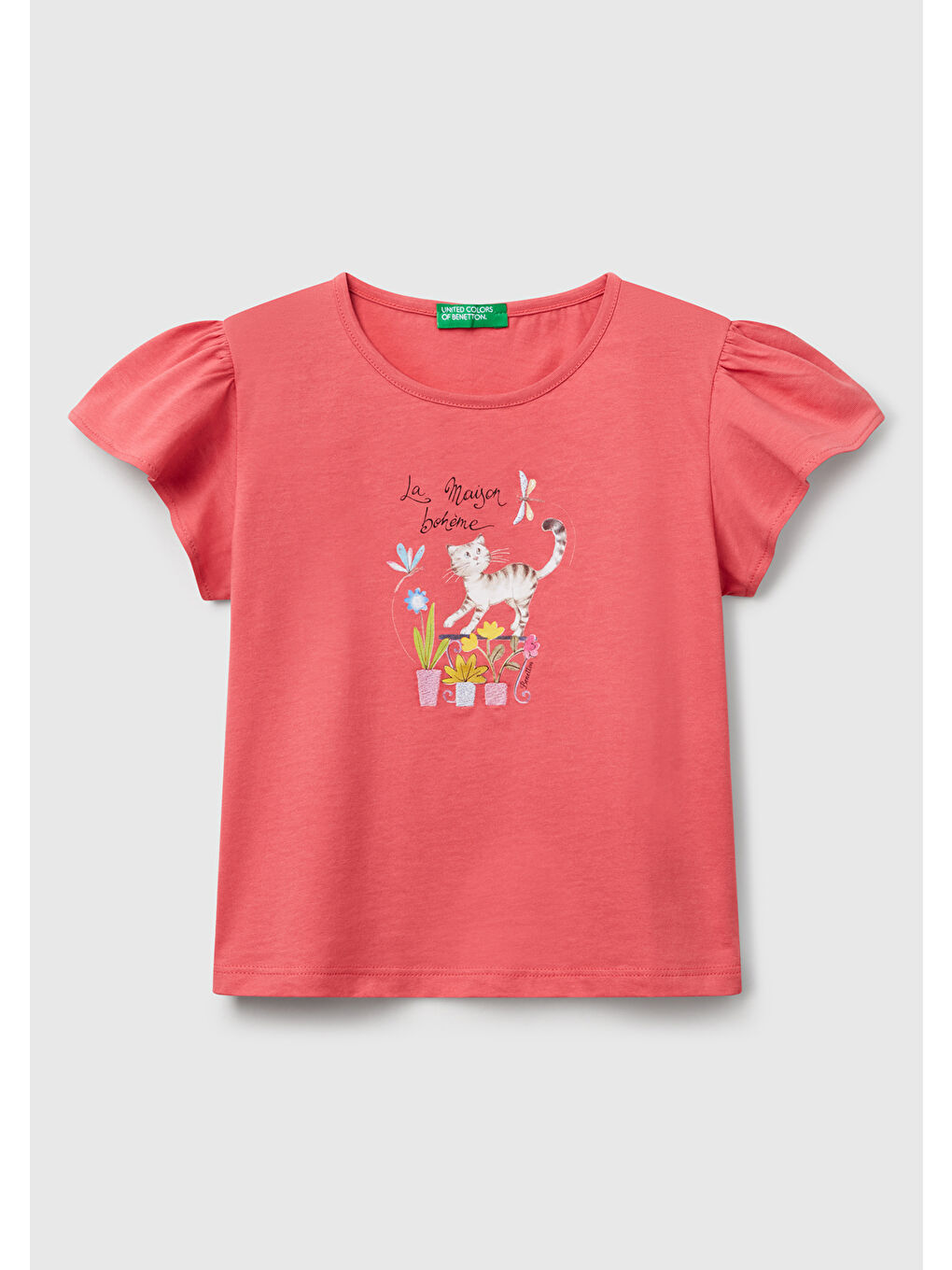 Kız Çocuk Fuşya Nakışlı ve Baskılı Kolu Fırfırlı Regular Fit Tişört