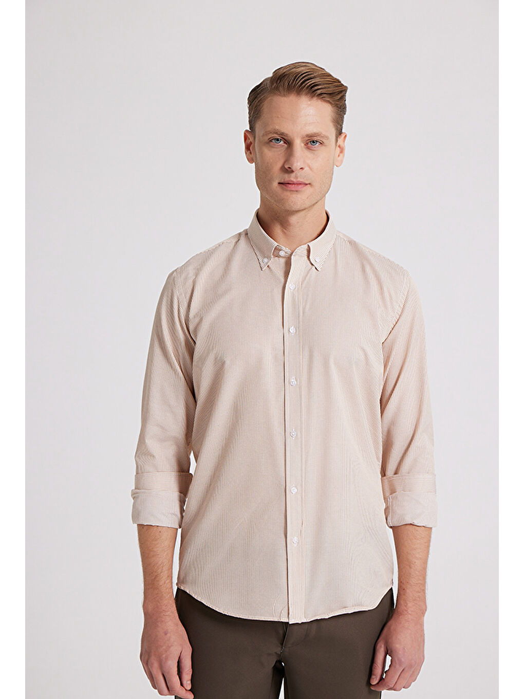 Slim Fit Kahverengi Çizgili Gömlek-1