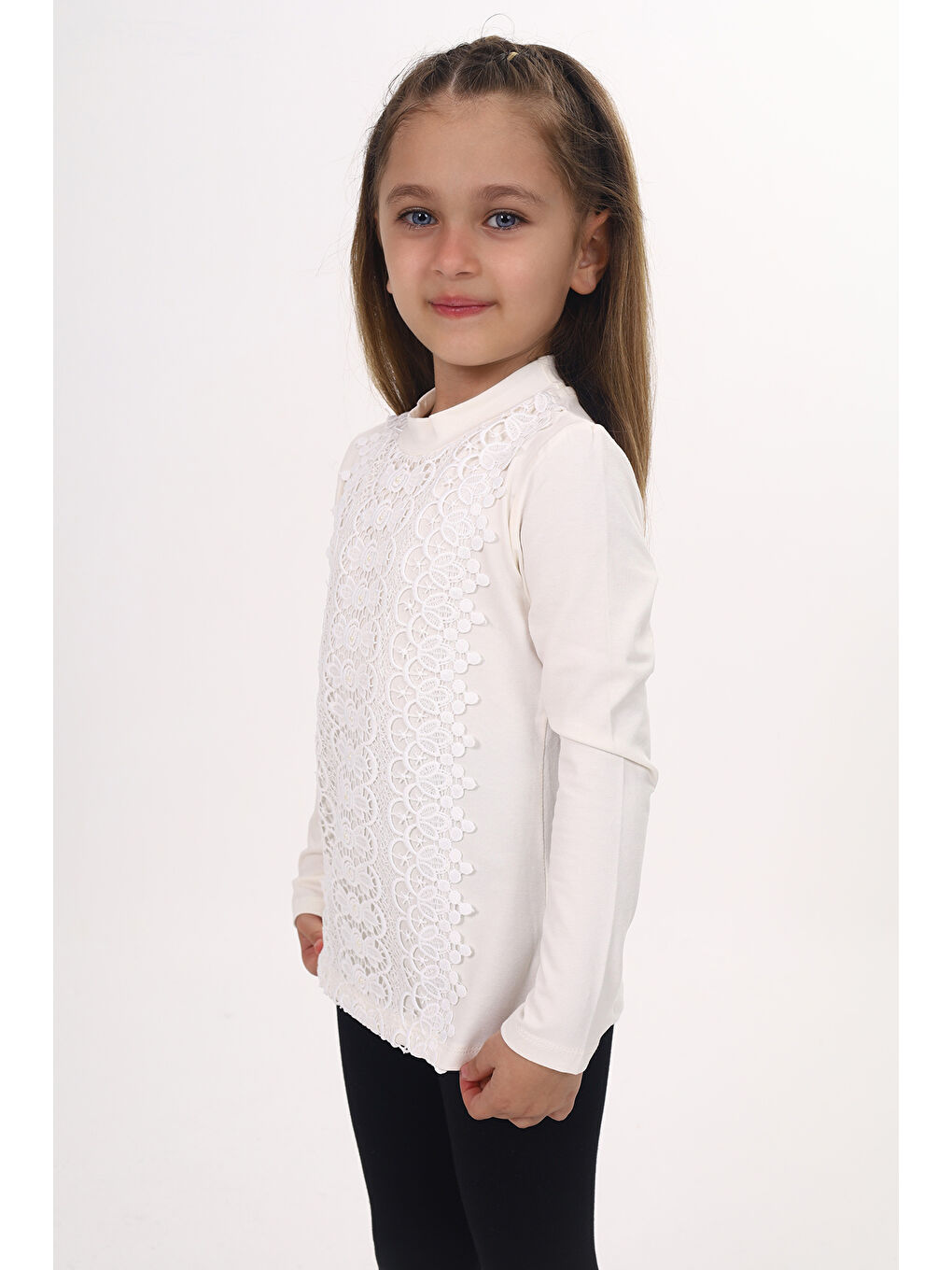 Ekru Kız Çocuk Önü Dantelli Okul Tişört-2