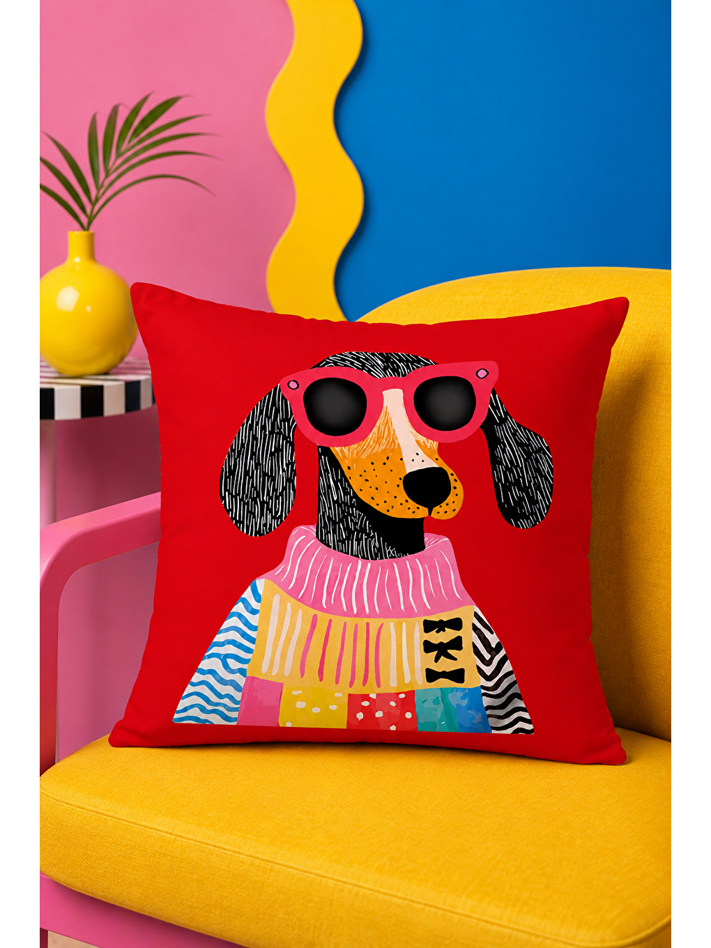 Karışık Pop Art Köpek Ve Çiçek Yazılı Dekoratif Kırlent Kılıfı 43x43 Cm Canlı Renkli Dekor-7