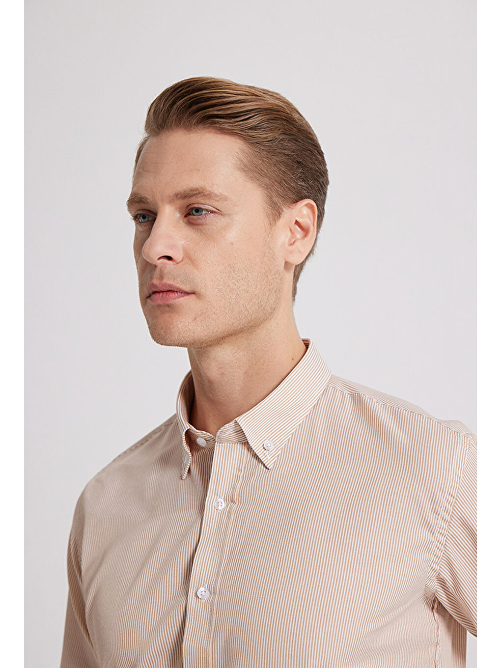 Slim Fit Kahverengi Çizgili Gömlek-2
