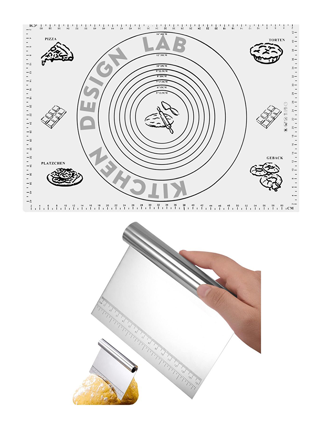 Beyaz Silikon Ölçülü Çok Amaçlı Hamur Açma Matı 45 Cm X 65 Cm ve Ölçülü Çelik Hamur Kesme Spatulası