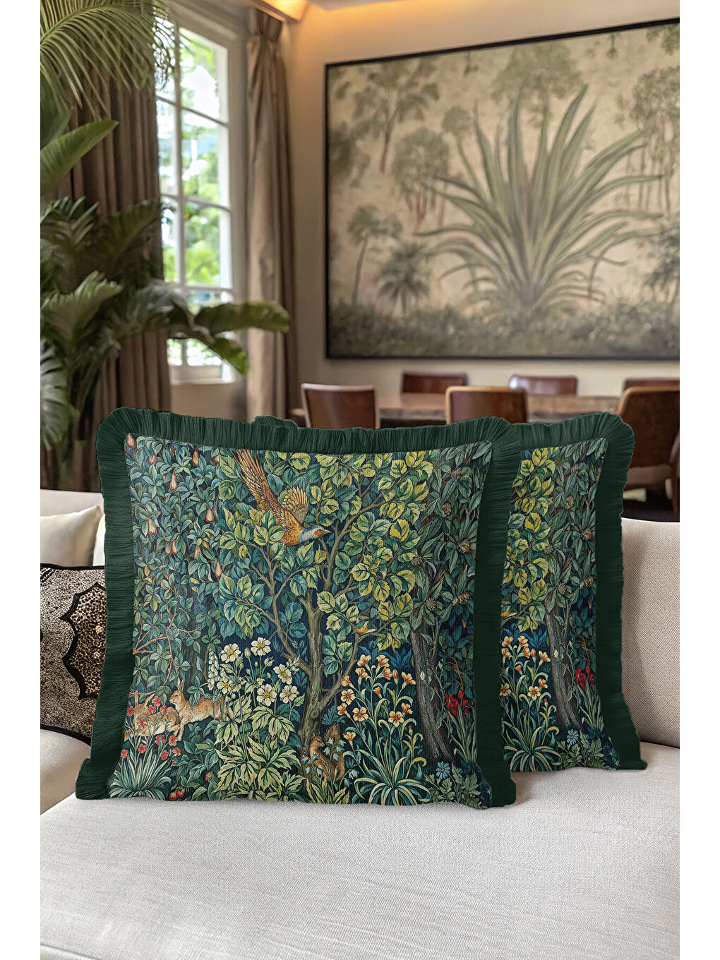 Karışık Lüks Doğal Bahçe Saçaklı Yastık Kılıfı - Vintage Orman Bohem Yeşil Püsküllü Kırlent Kılıfı-5