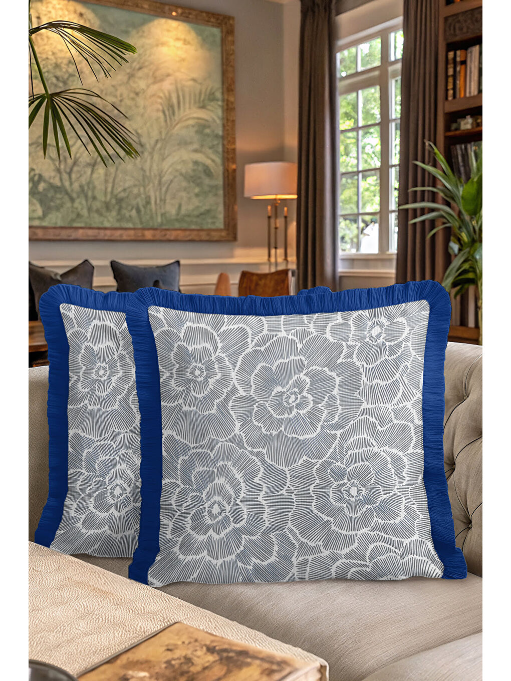 Karışık Zarif Çiçek Motifli Saçaklı Yastık Kılıfı - Modern Mavi Gri Lüks Püsküllü Kırlent Kılıfı-7