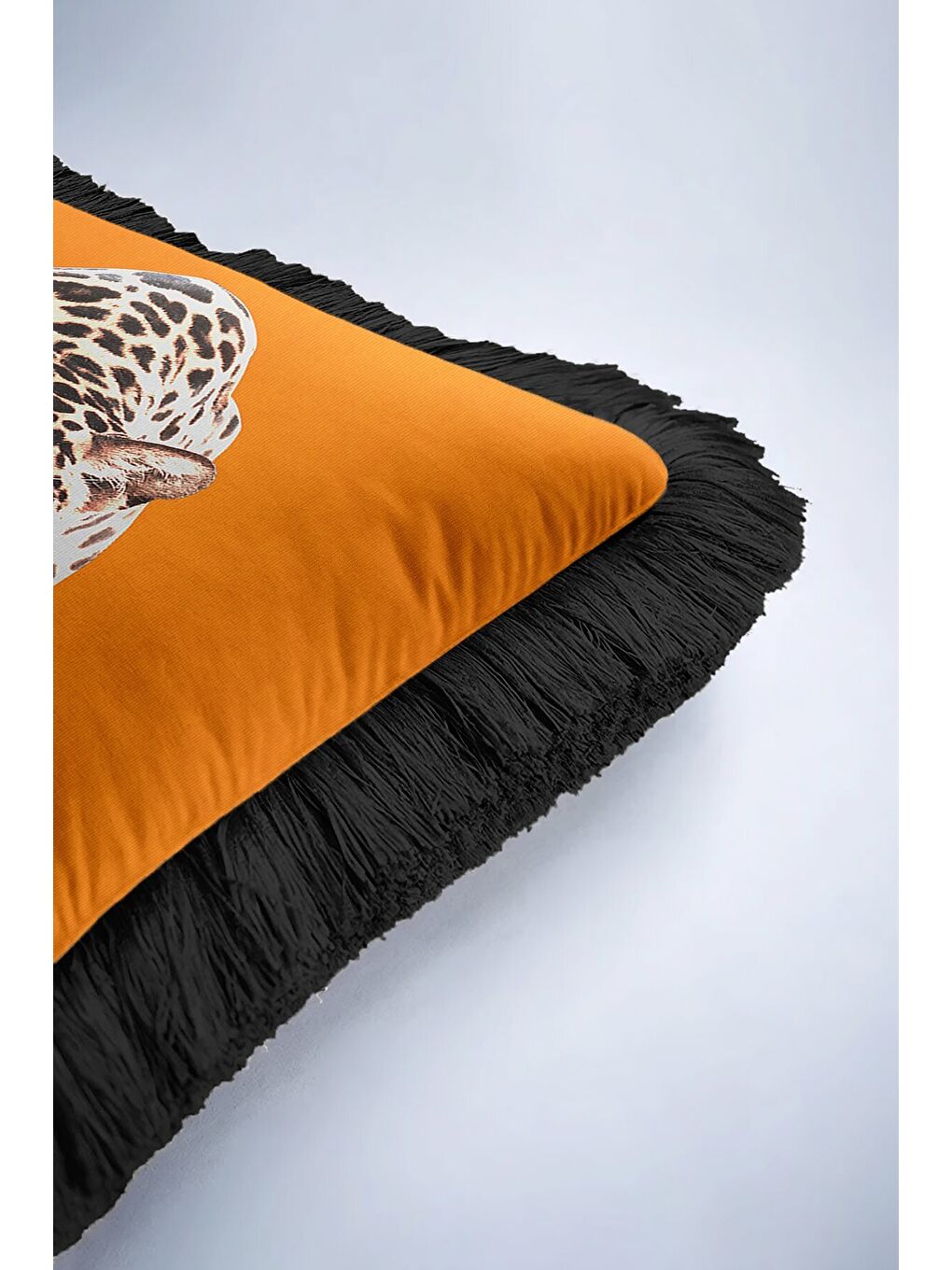Karışık Lüks Jaguar Temalı Saçaklı Yastık Kılıfı - Safari Bohem Turuncu Siyah Püsküllü Kırlent Kılıfı-6